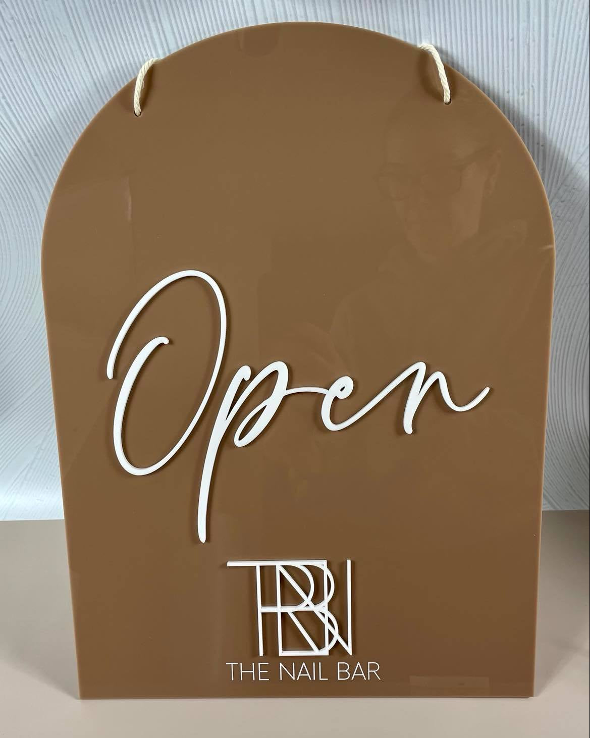 Open sign in brown acrylic with white font – custom arched open sign