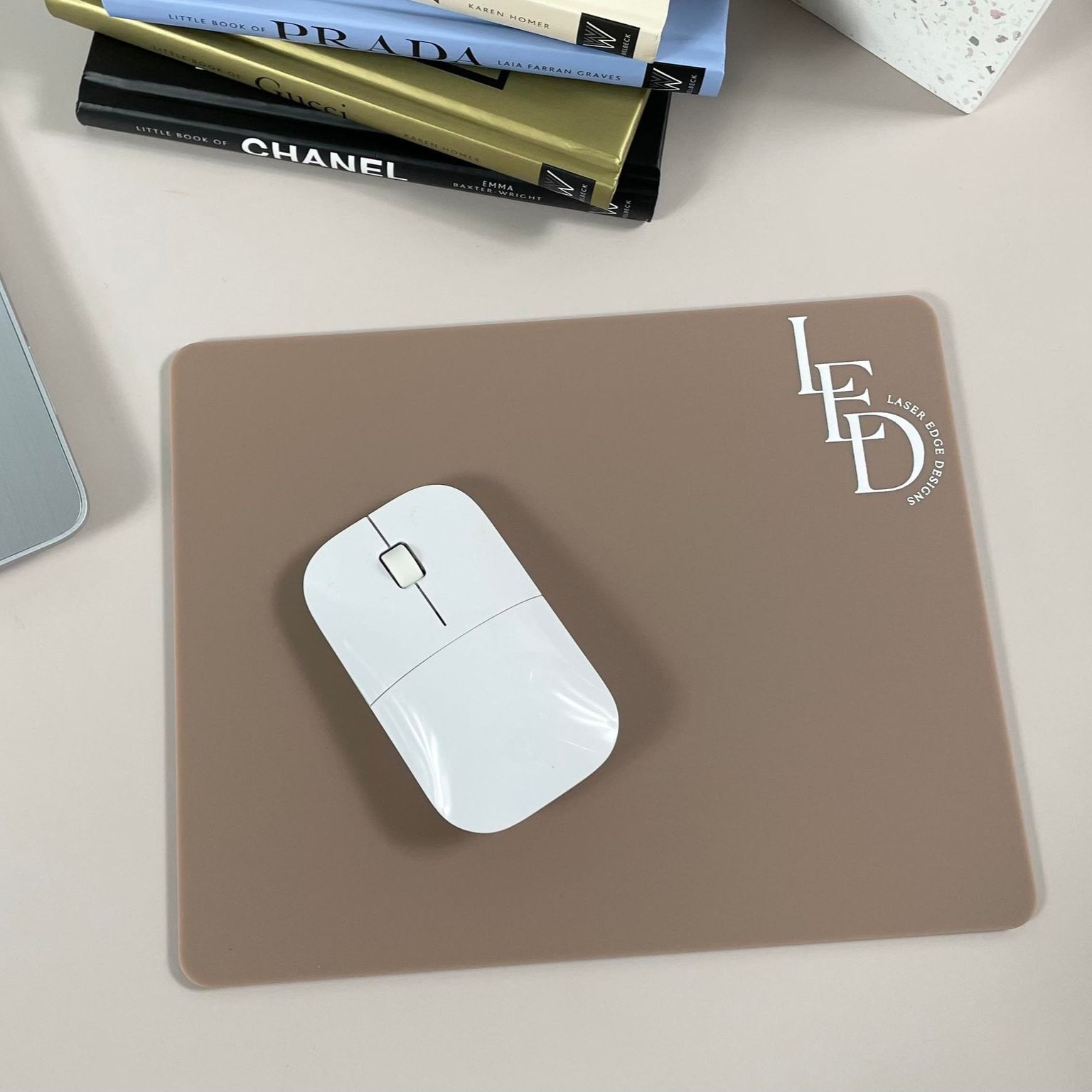 Personalised acrylic mouse pad with white mouse on office desk