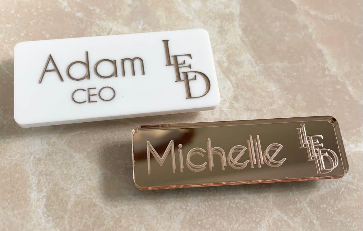 Professional engraved name badges with metallic finish