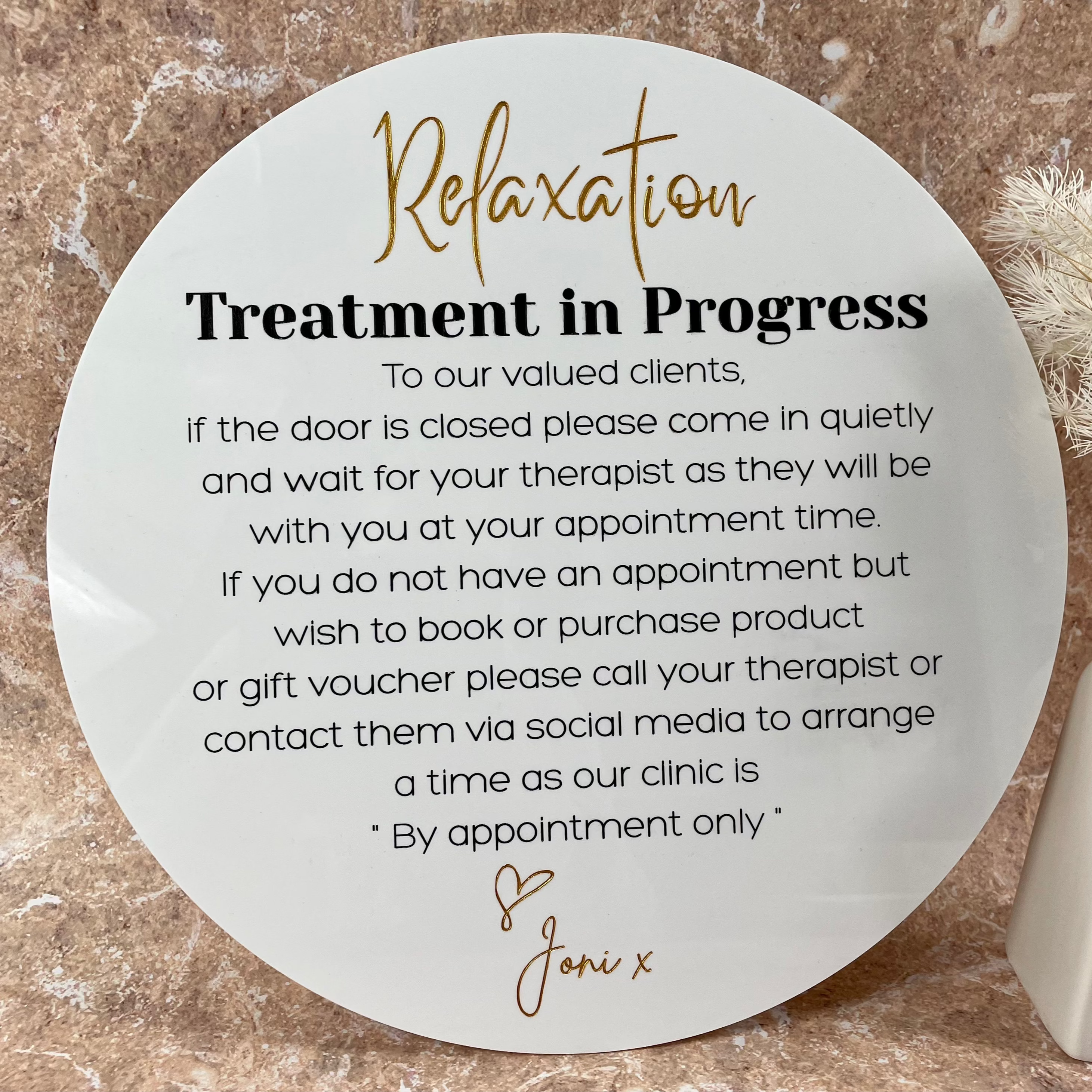 Treatment in progress acrylic sign with wood finish background for therapists