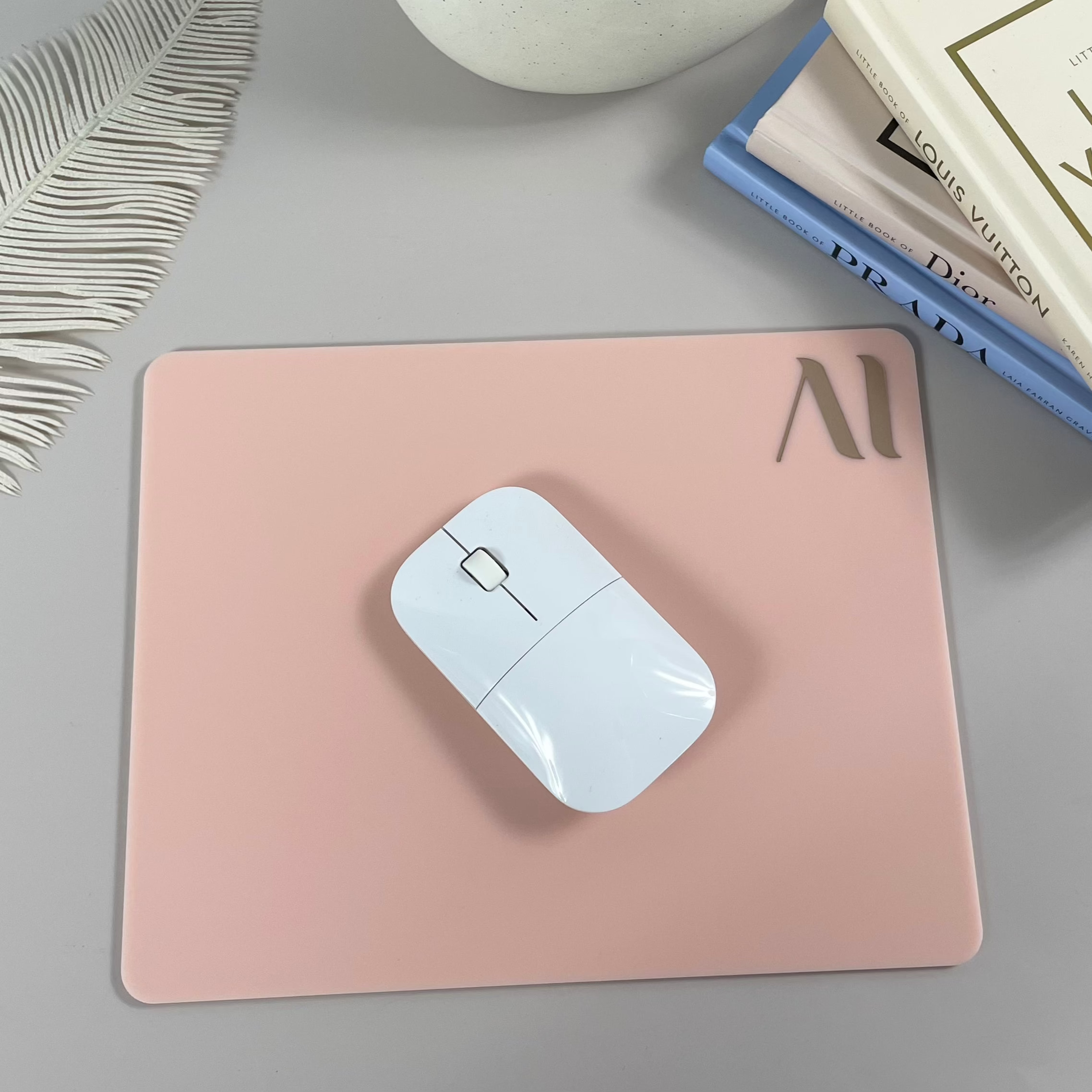 Pink acrylic mouse pad with custom logo and wireless mouse