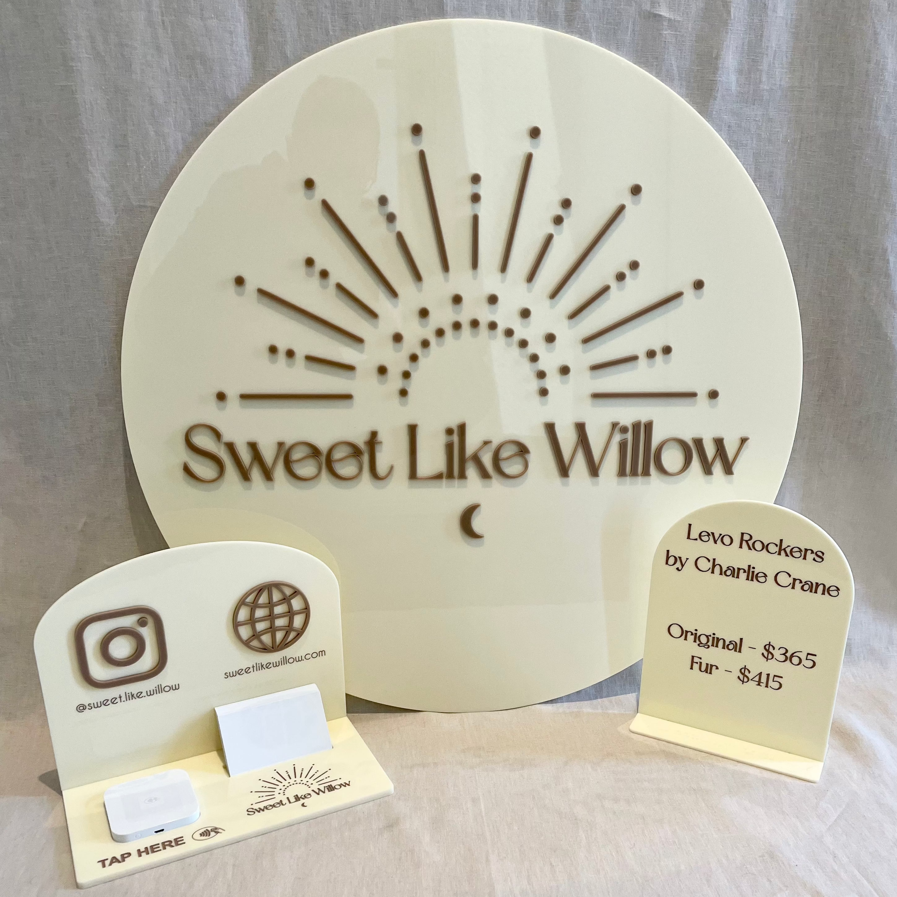 Sweet Like Willow neutral acrylic business sign set with branded desk signage