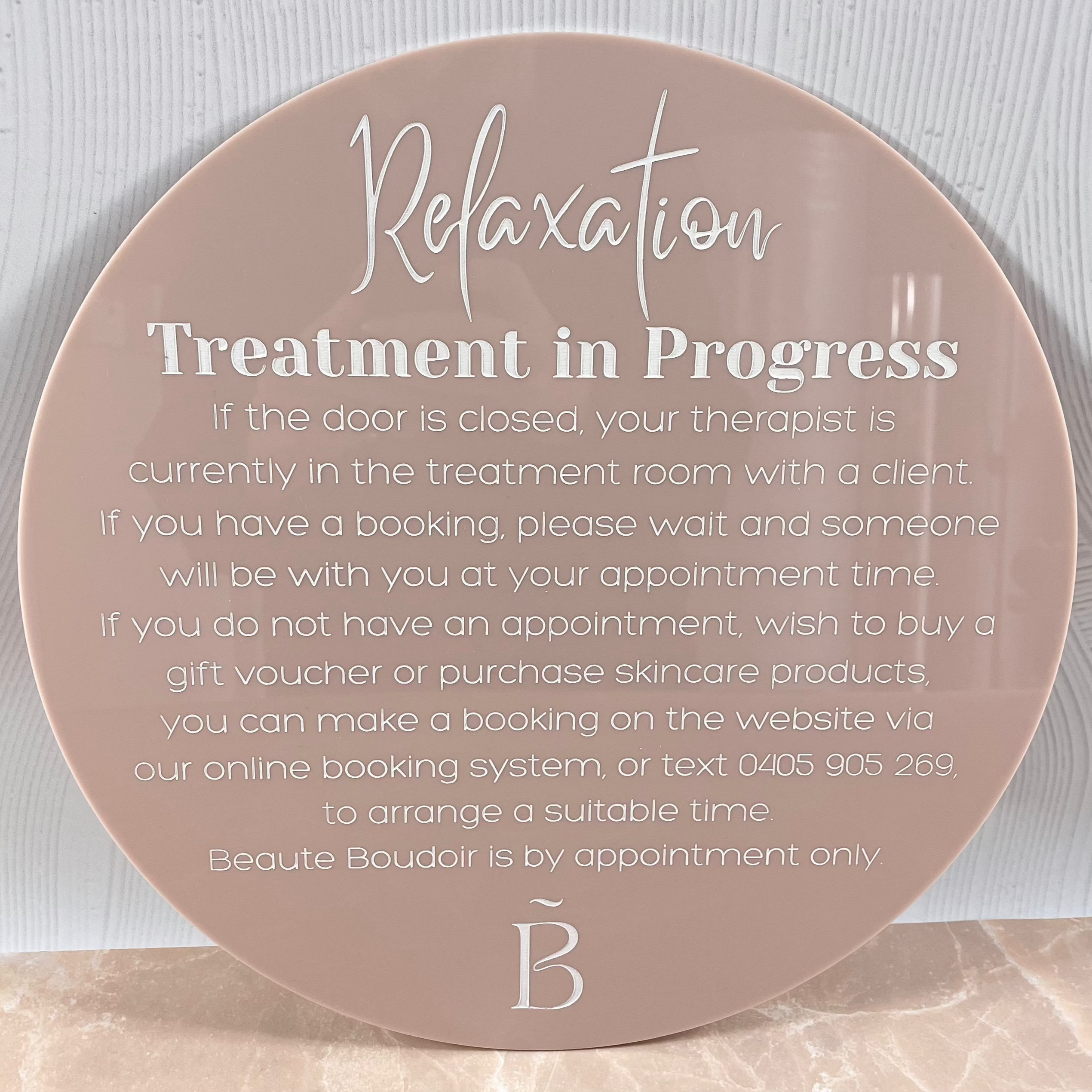 Relaxation treatment in progress acrylic sign in beige look for salon use