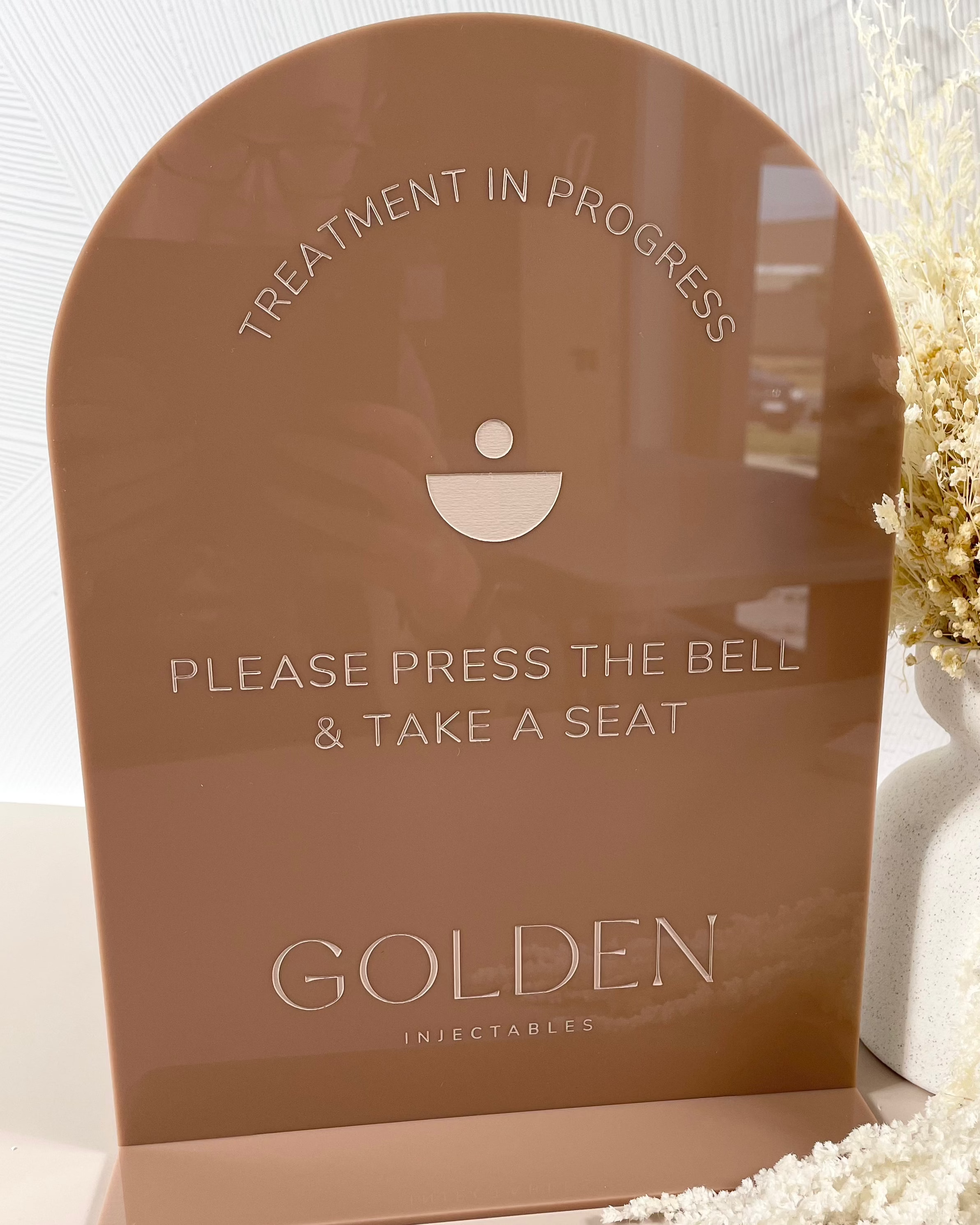 Brown press bell and take a seat acrylic customer sign