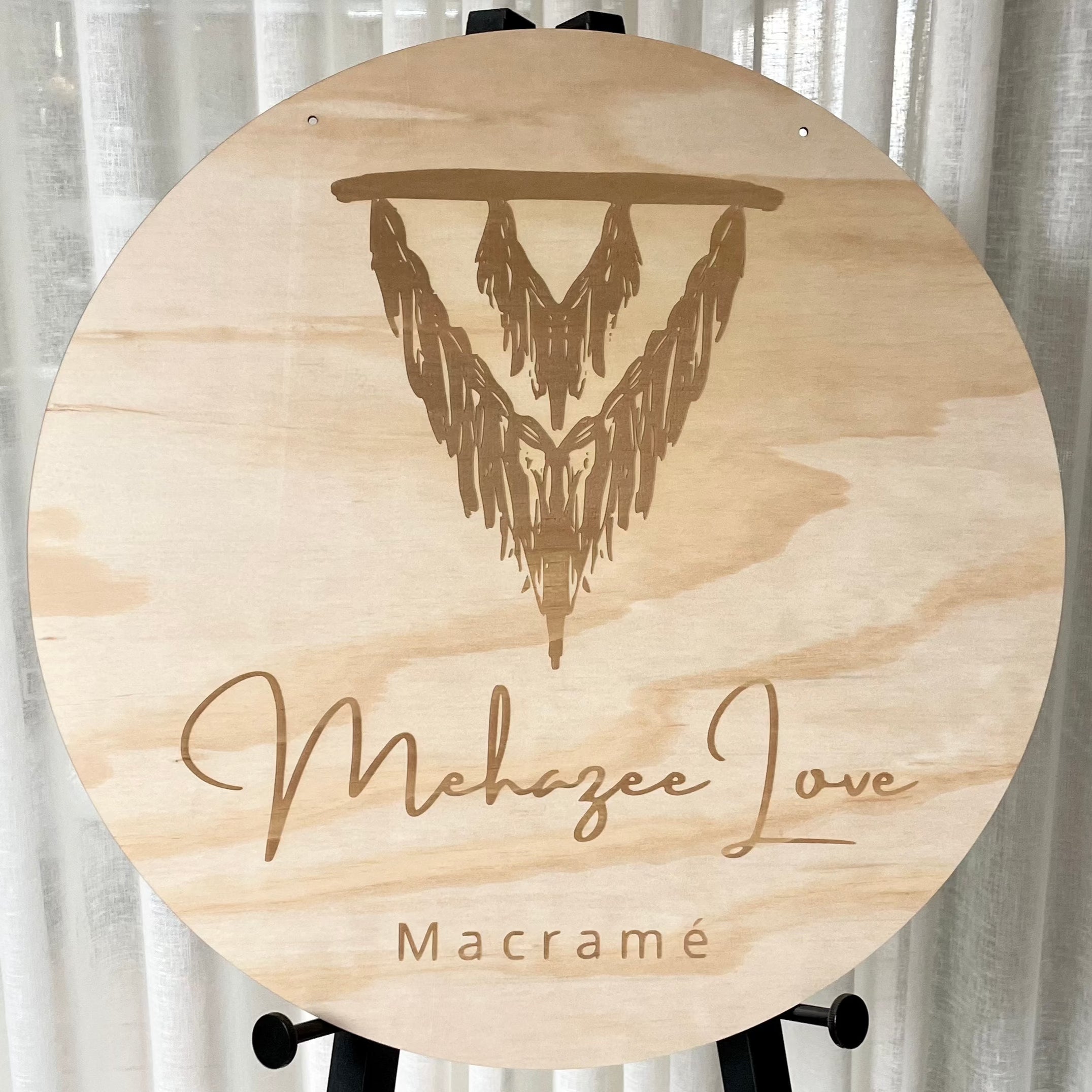 Mahogany Lou Macrame timber signage, rustic wooden sign with bold logo design engraved for handmade macrame brand.