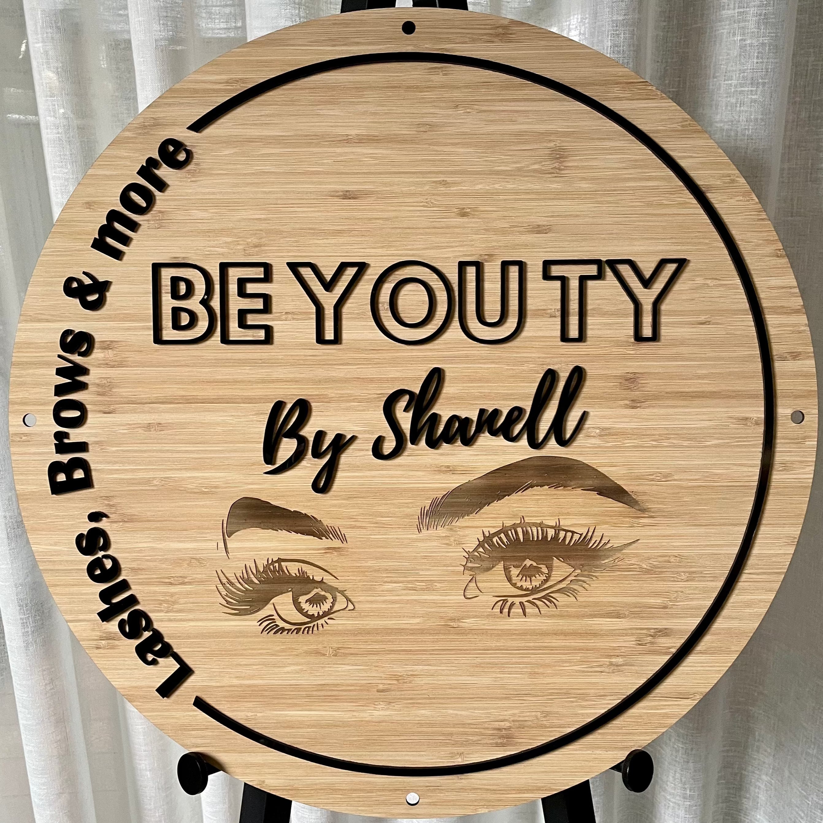 BEYOUTY by Shantell engraved bamboo sign with dotted circle and bold script