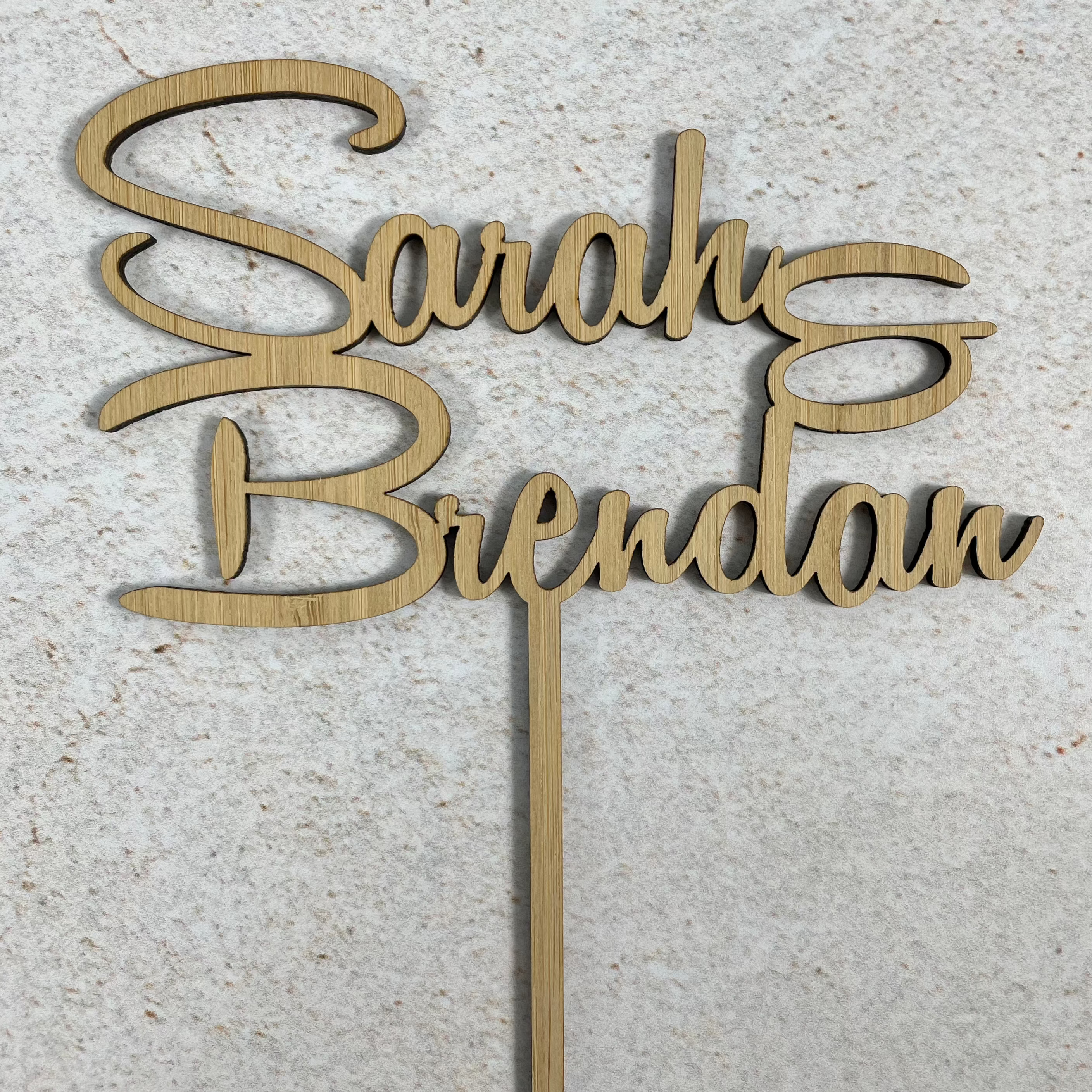 Sarah and Brendan bamboo engagement cake topper eco-friendly custom