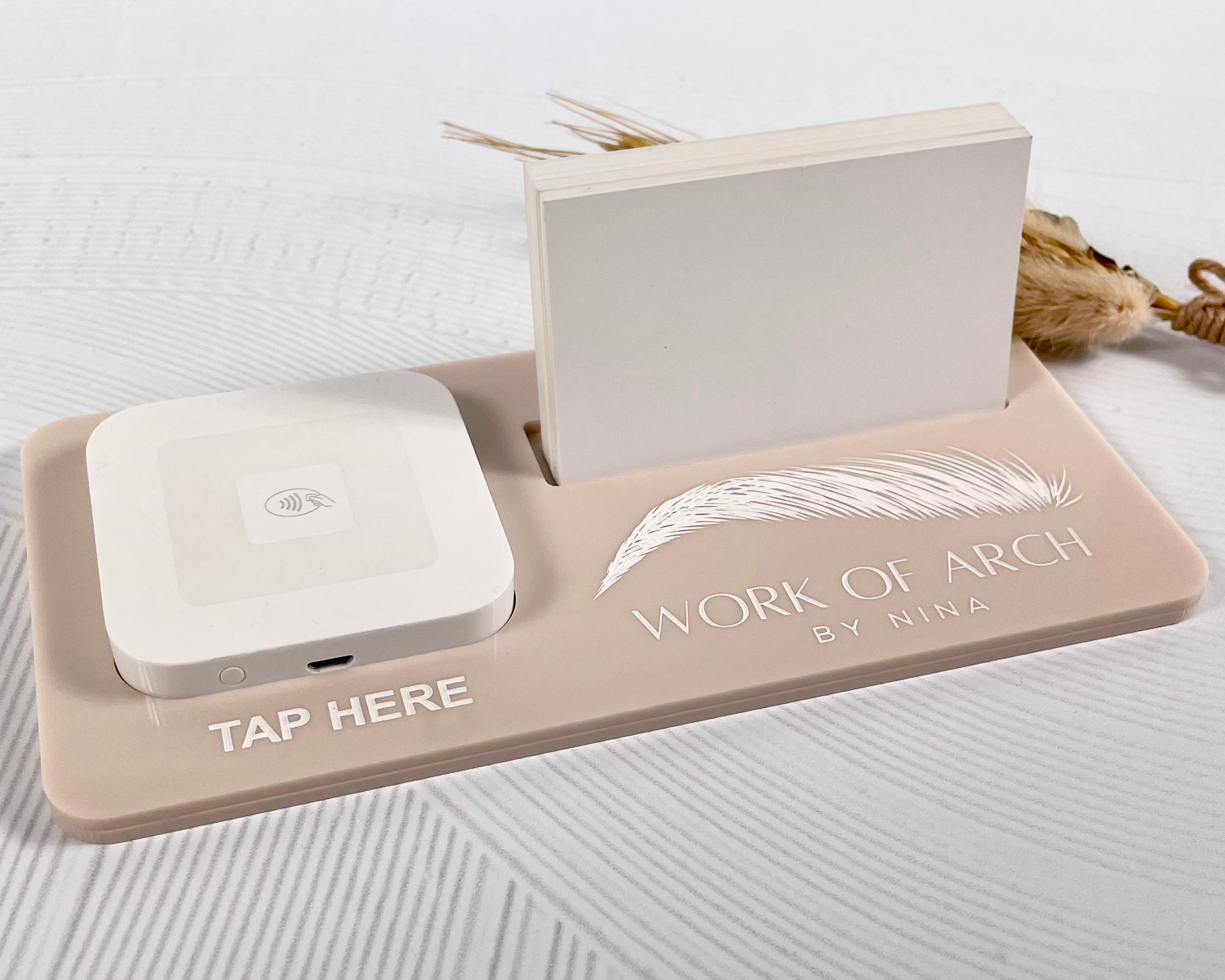 Pink custom Square reader holder with logo and card display