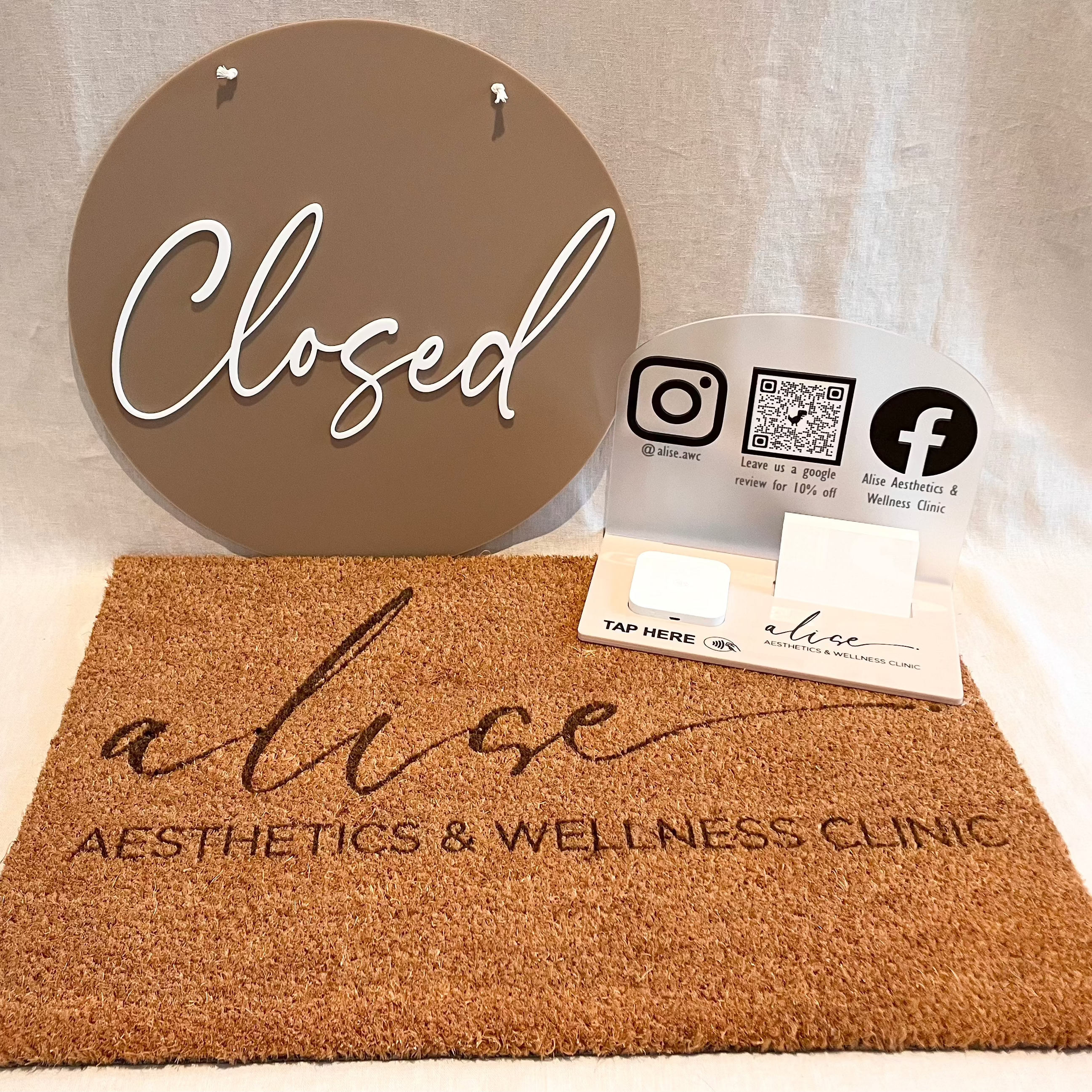 Acrylic ‘Closed’ sign in neutral tones with QR codes and cork mat