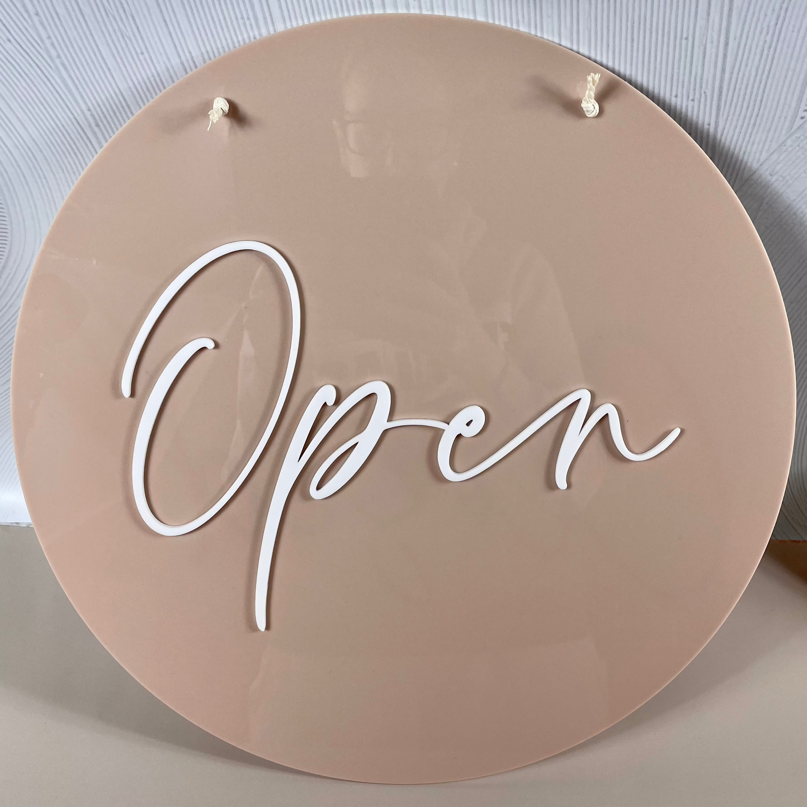 Custom round open sign for retail stores, salons and cafés