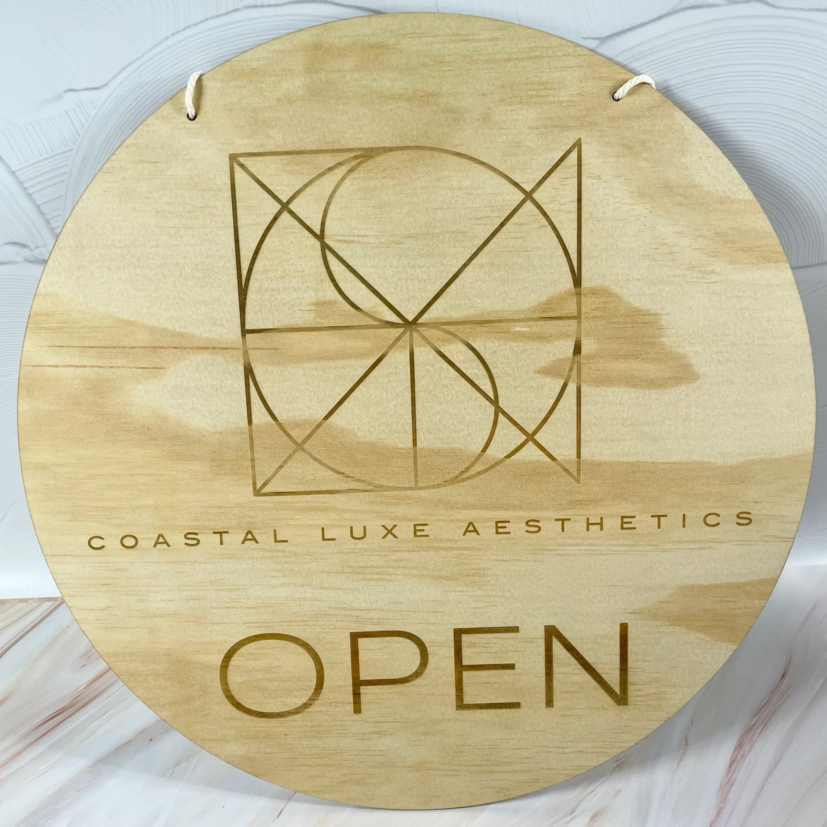 Coastal Luxe Stylistics “OPEN” sign, engraved round timber sign with minimalist geometric logo and business open sign.