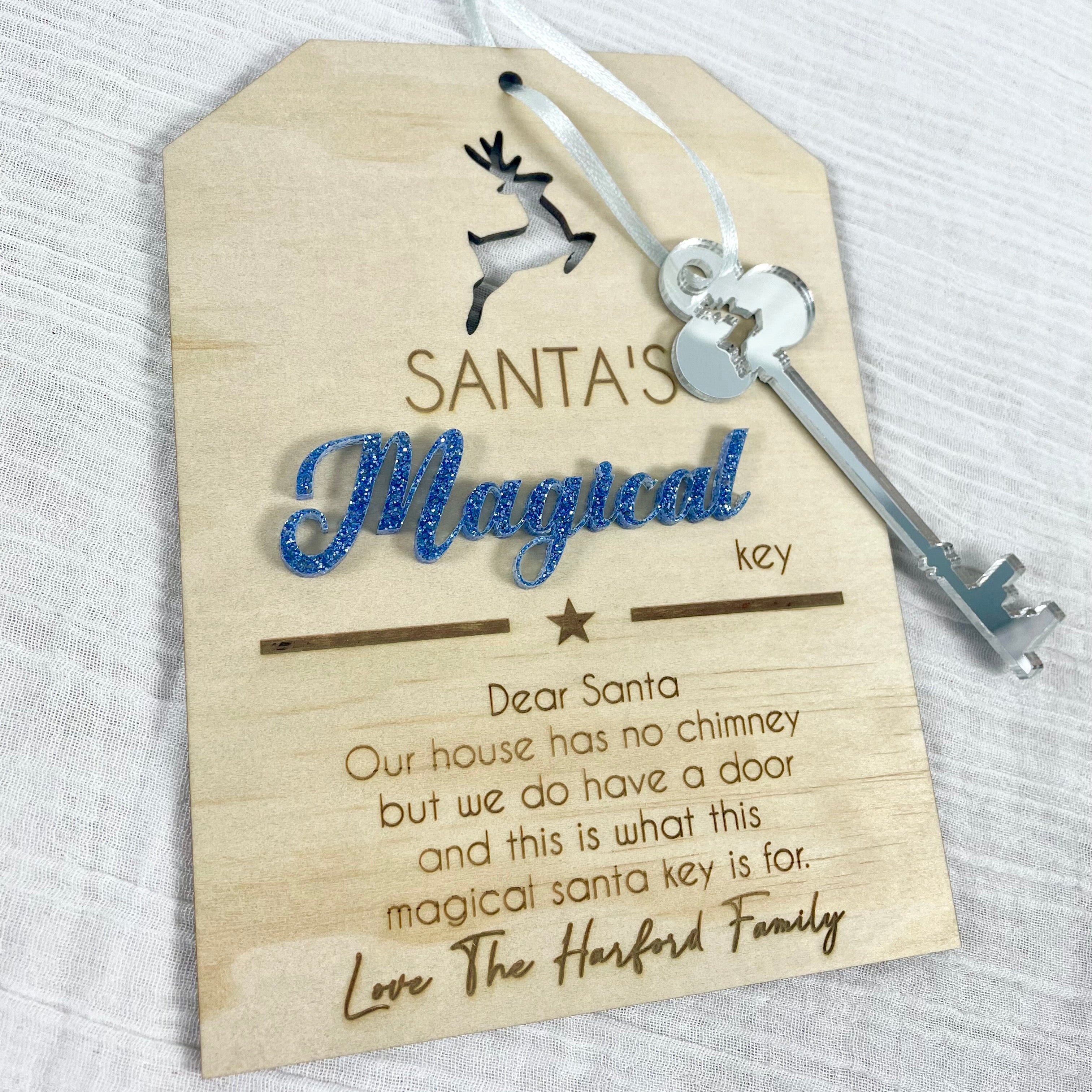 Personalised Santa key with engraved tag, silver key and festive ribbon for Christmas Eve tradition