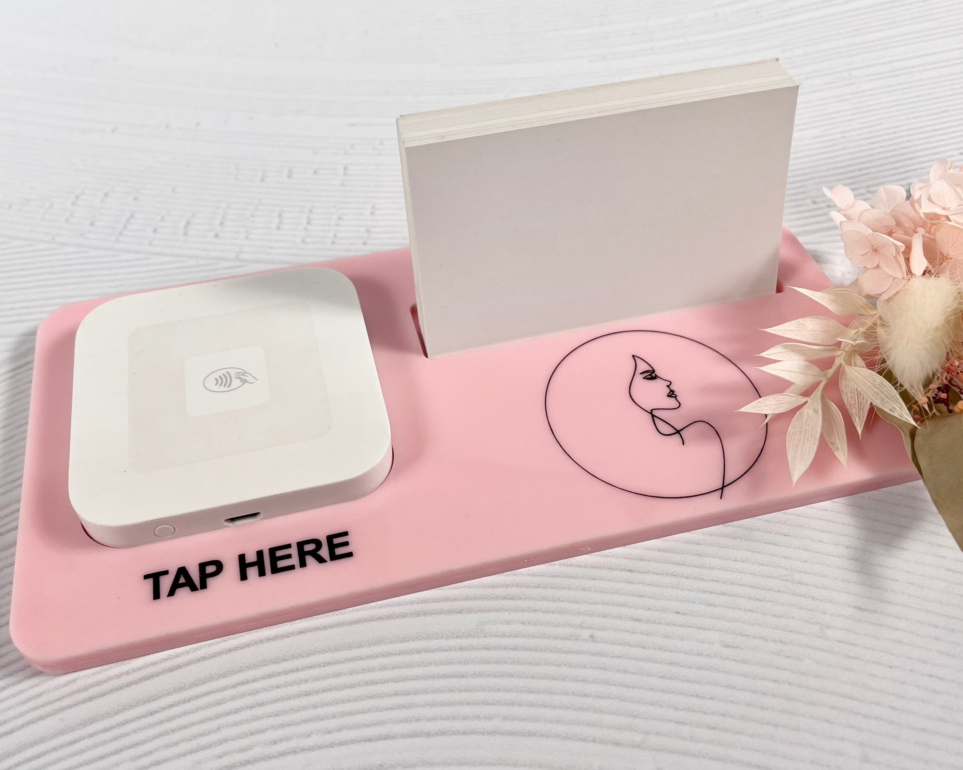 Pastel pink Square reader station with custom business name and card slot