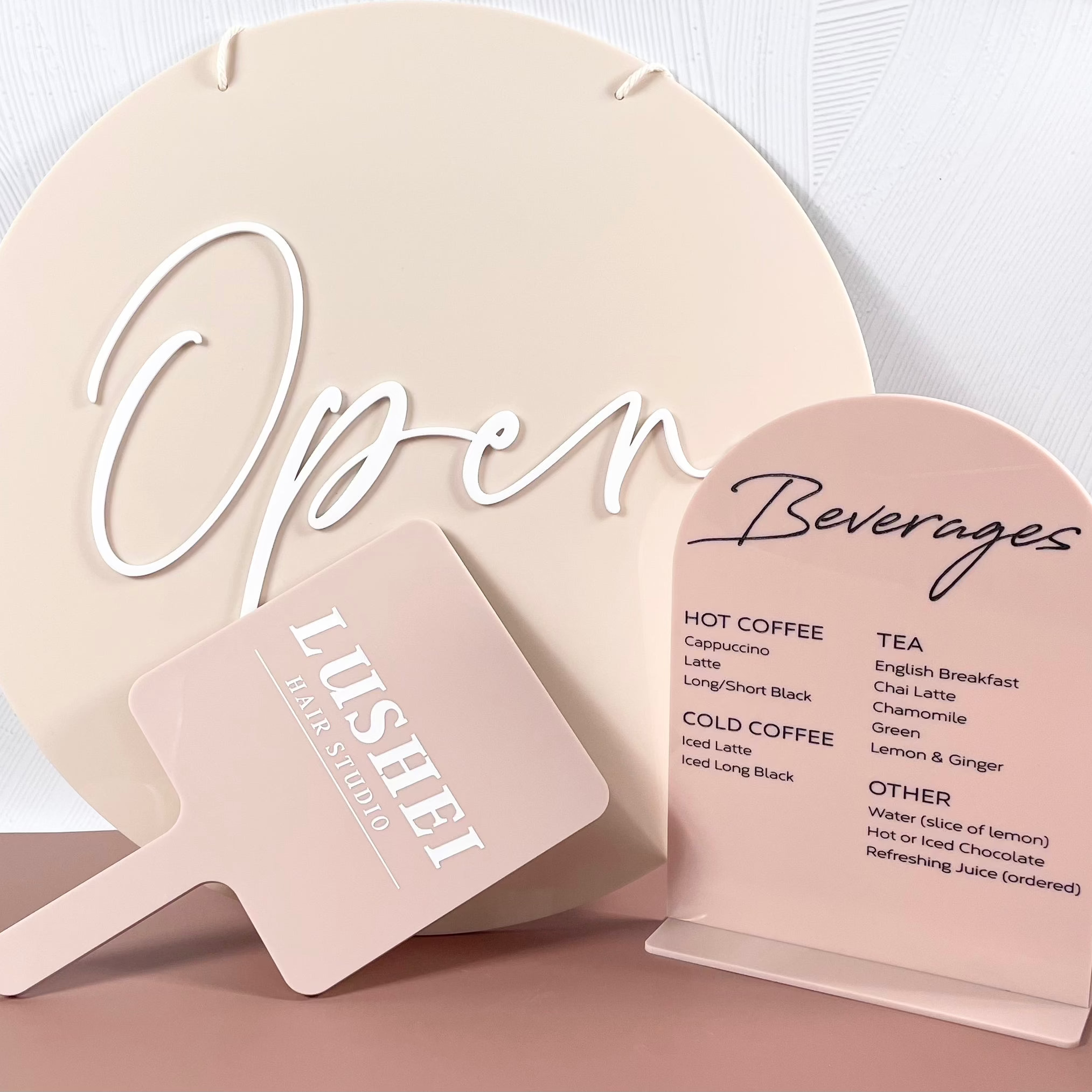 Soft pink and beige acrylic sign bundle with ‘Open’ sign, mirror and menu board