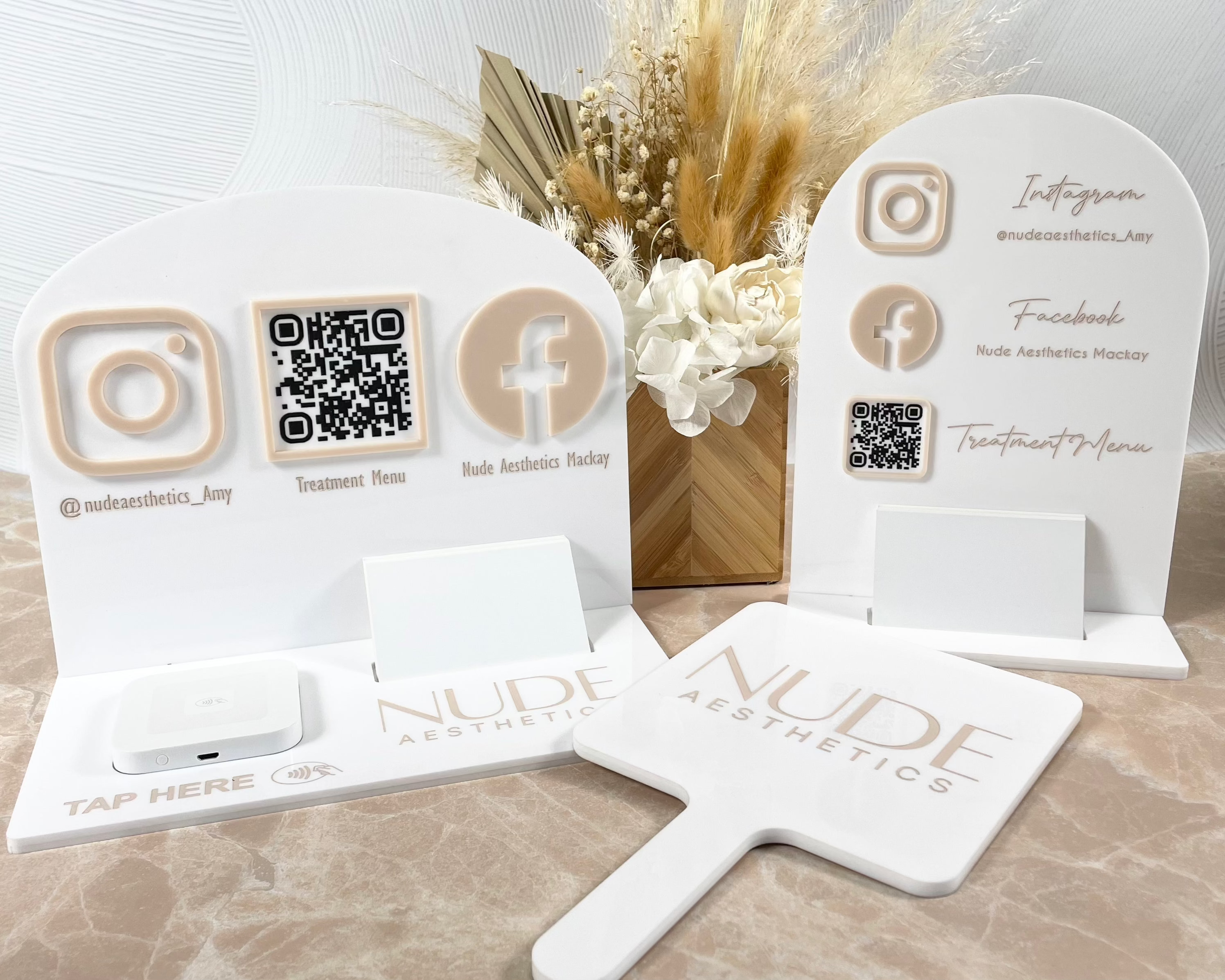 Neutral acrylic business display bundle with QR stands, card holders, and dried floral decor