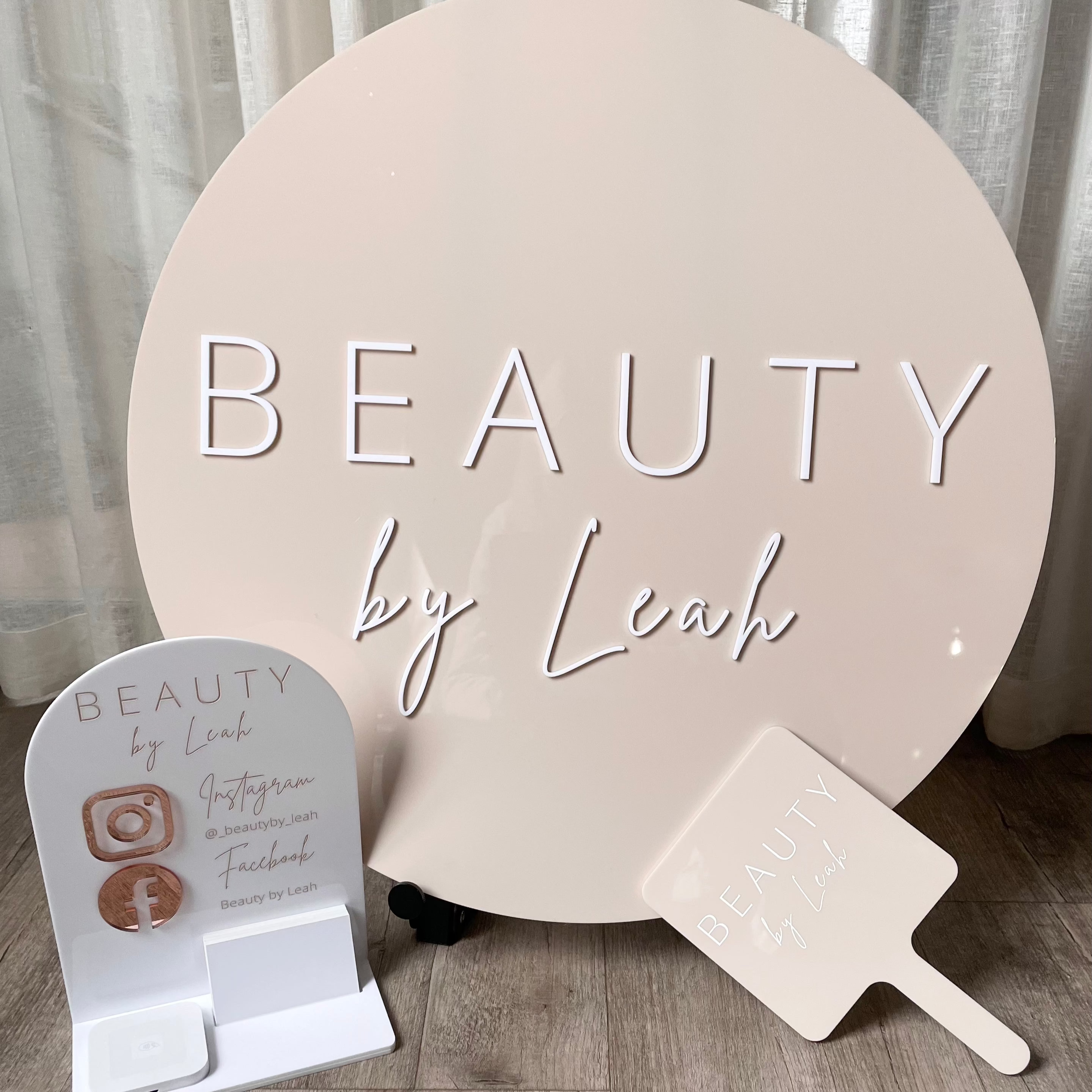 Beauty by Leah signage bundle, blush pink round sign and branded accessories