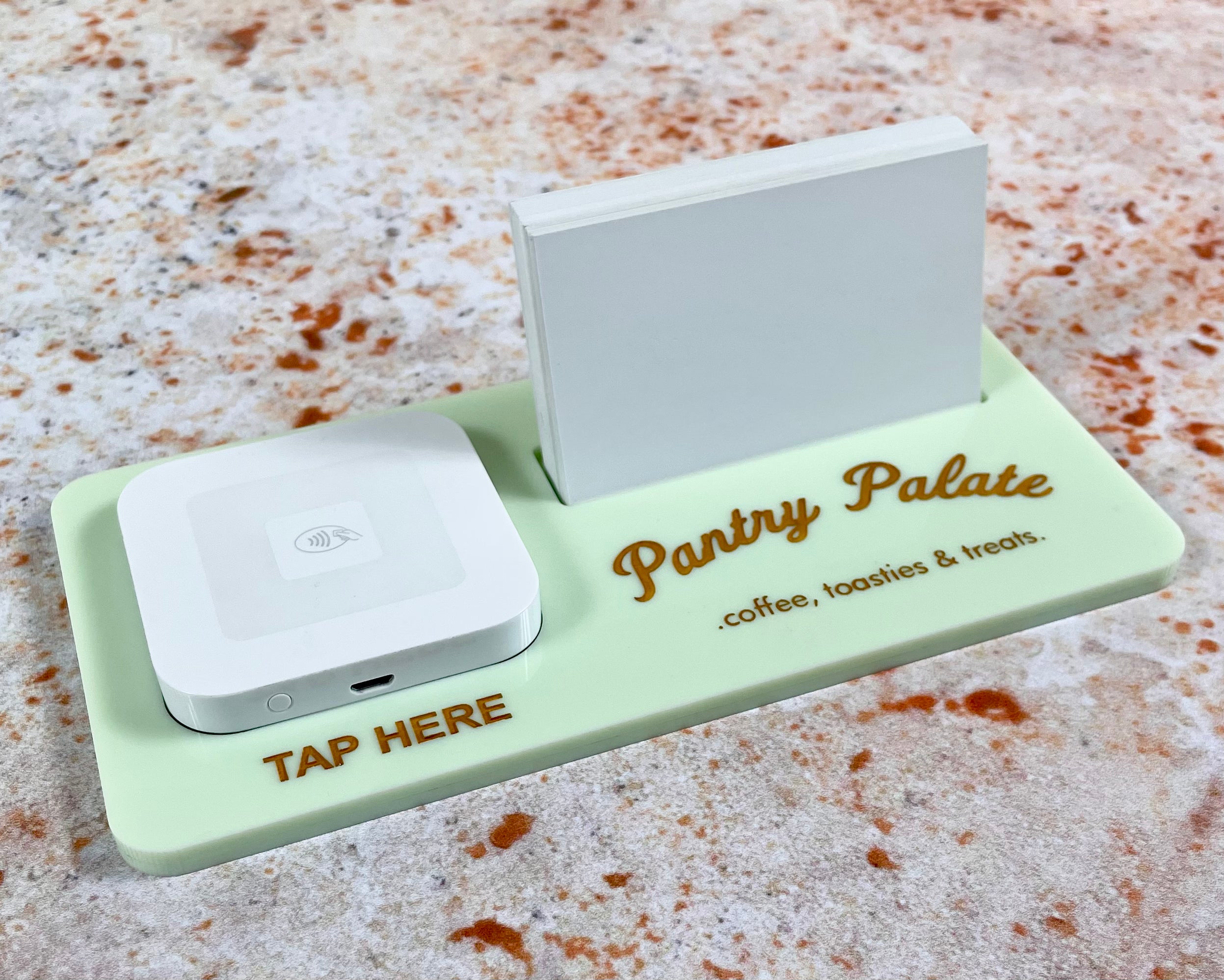 Pastel green Square reader station with custom business name and card slot