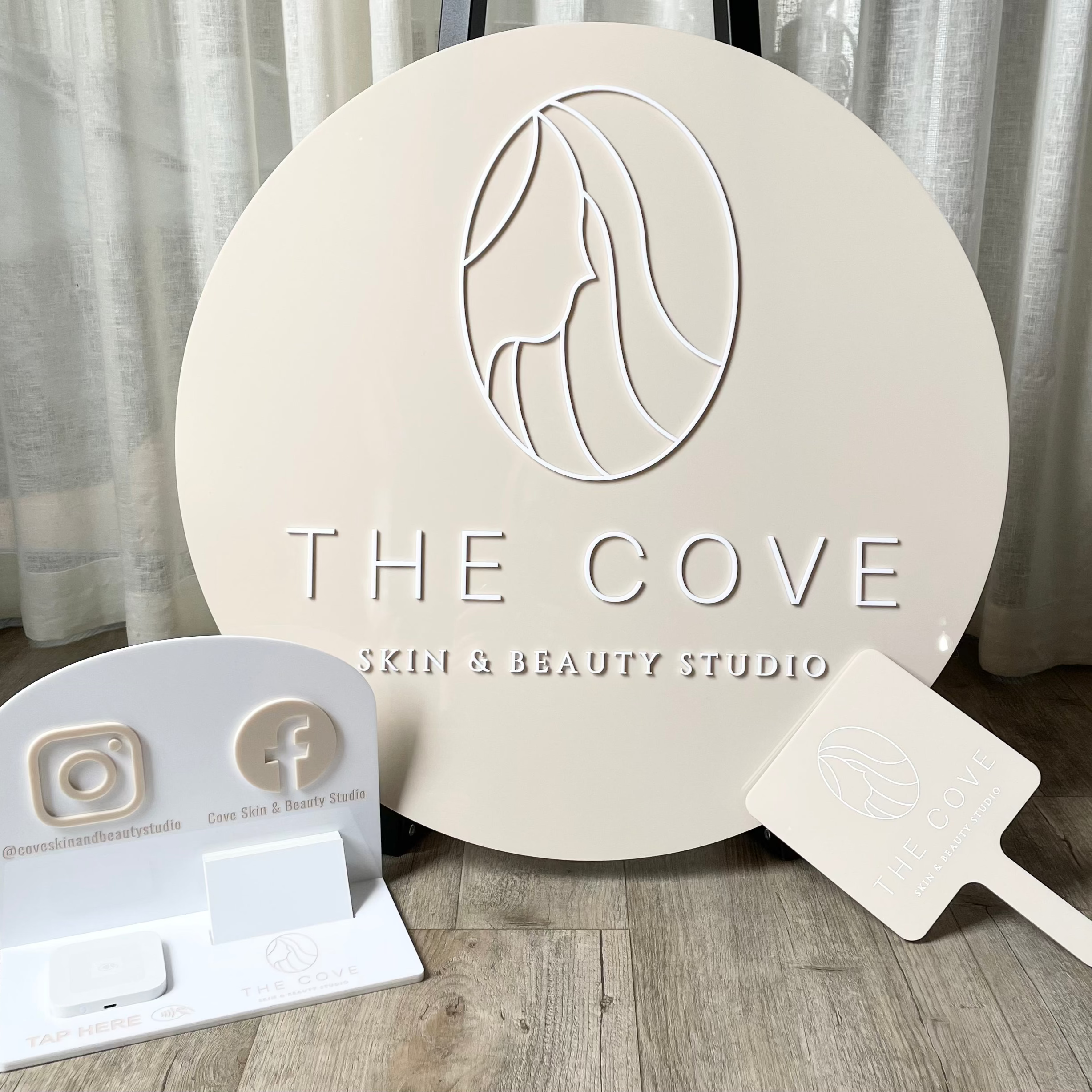 The Cove custom salon signage set with business card holder and mirror