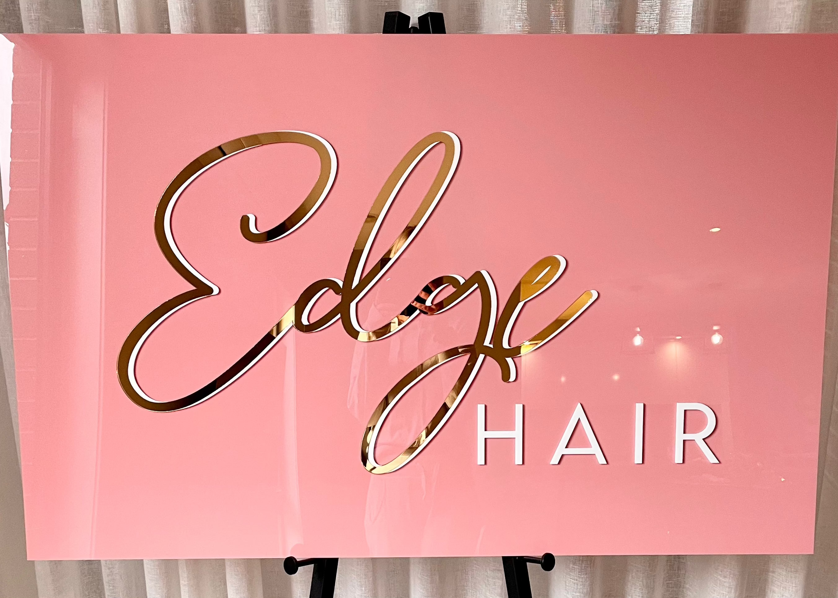Blush pink acrylic business sign with 3D text for Edge Hair