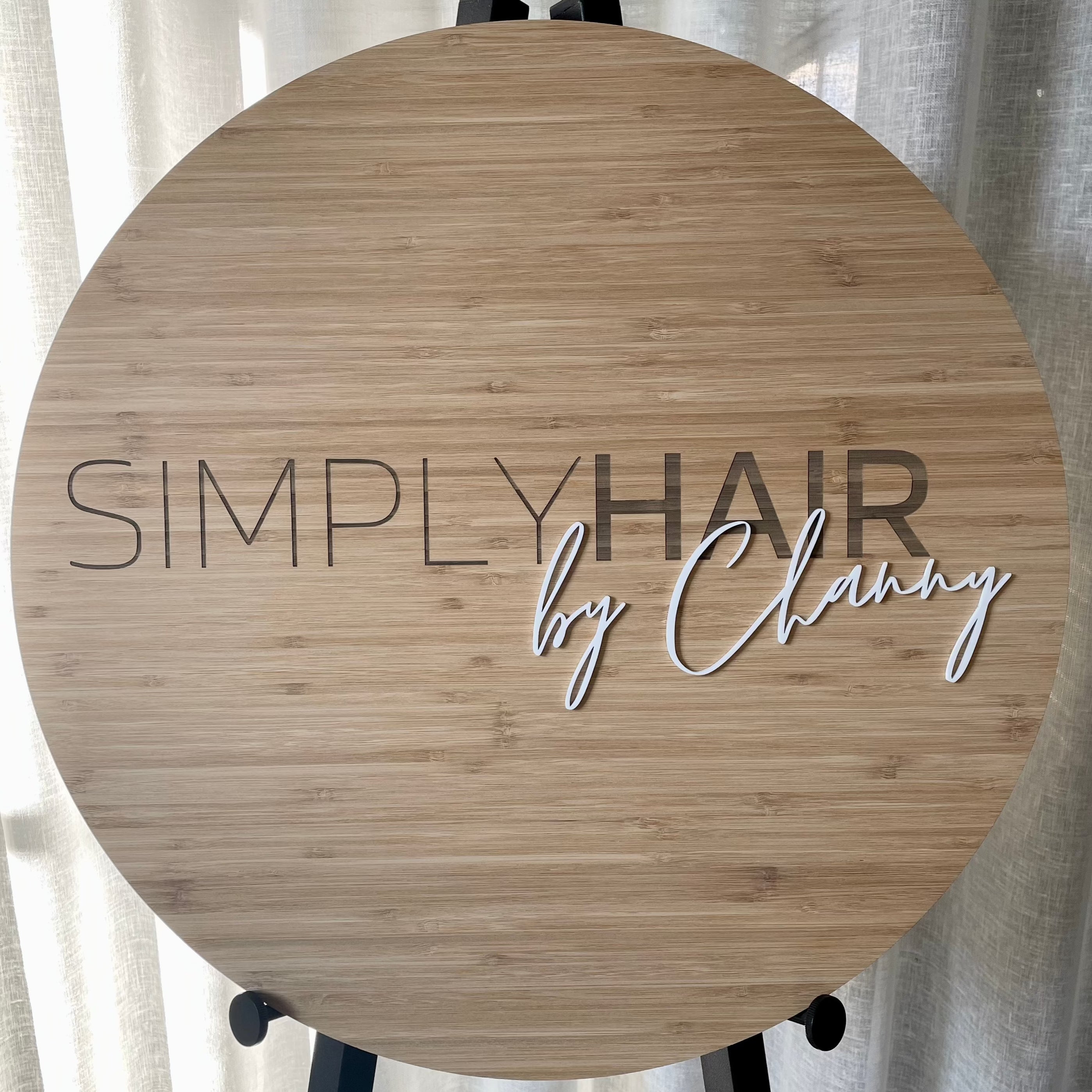 Simply Hair by Christy bamboo sign with grey acrylic text and clean script