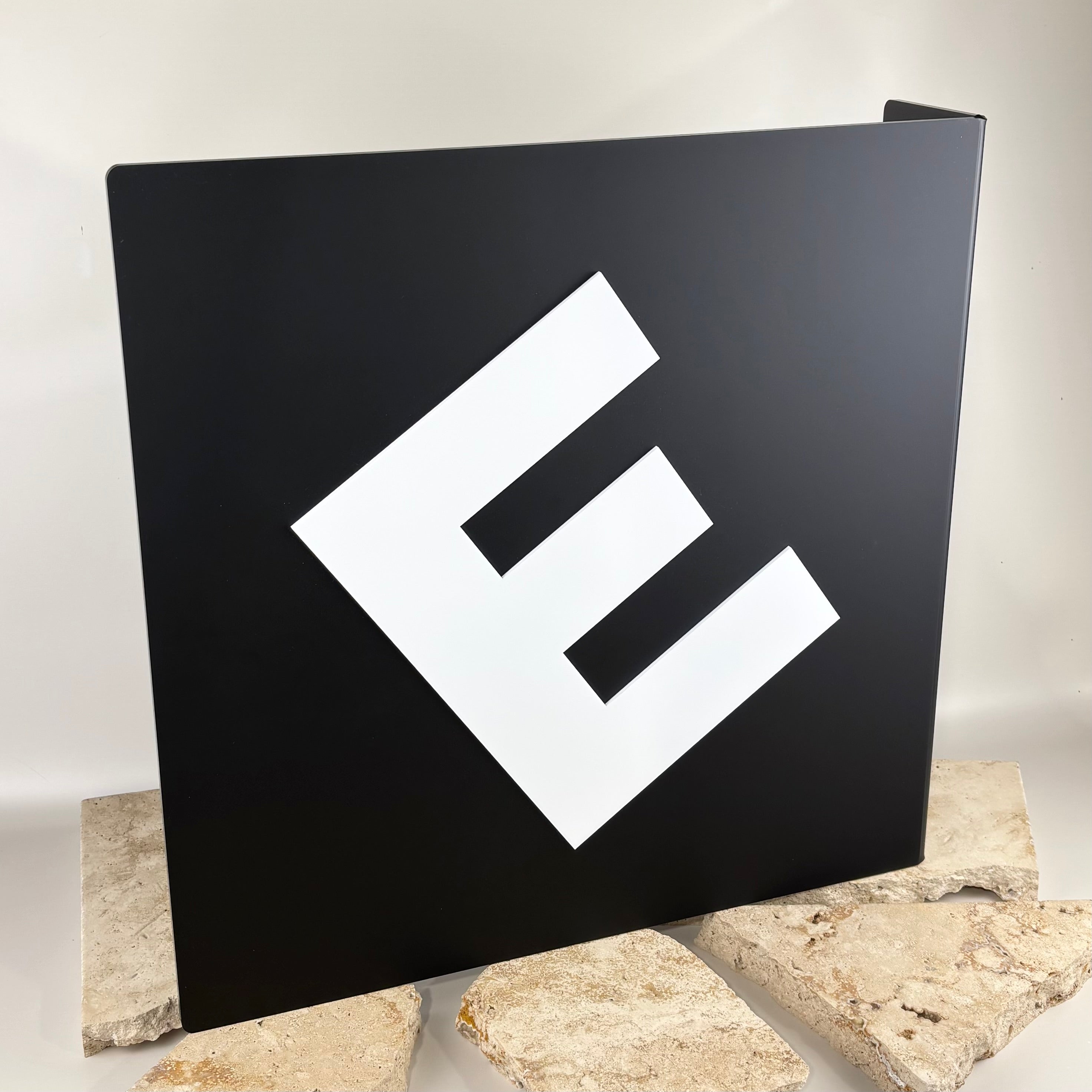 50cm acrylic blade sign with bold 3D logo, custom square wall projecting sign for storefronts, modern black business signage for salons and retail, double sided blade sign Australia