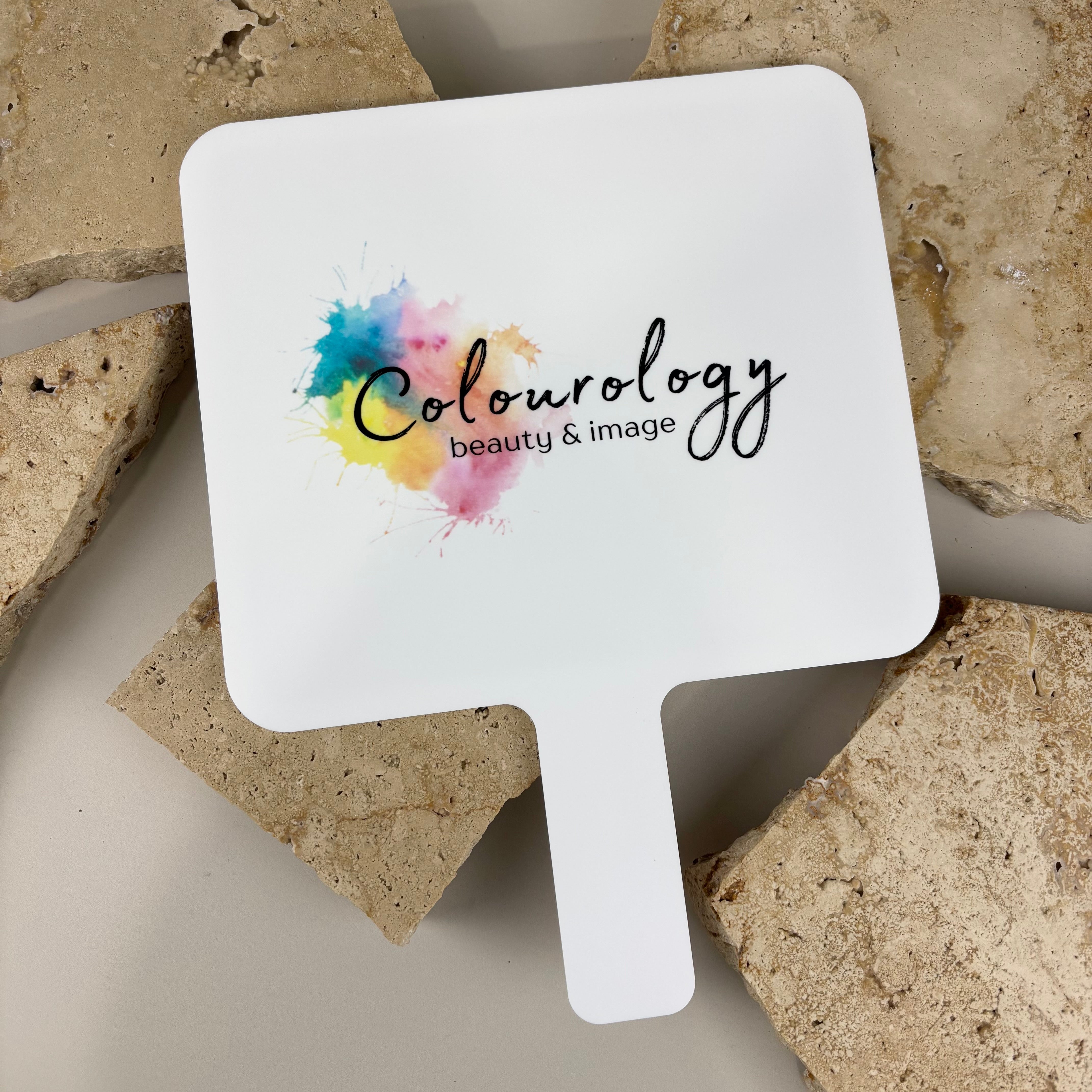 Custom branded handheld mirror for hair salon, UV printed acrylic mirror with colourful logo, hairdresser mirror for client styling, personalised beauty salon branding tool Australia