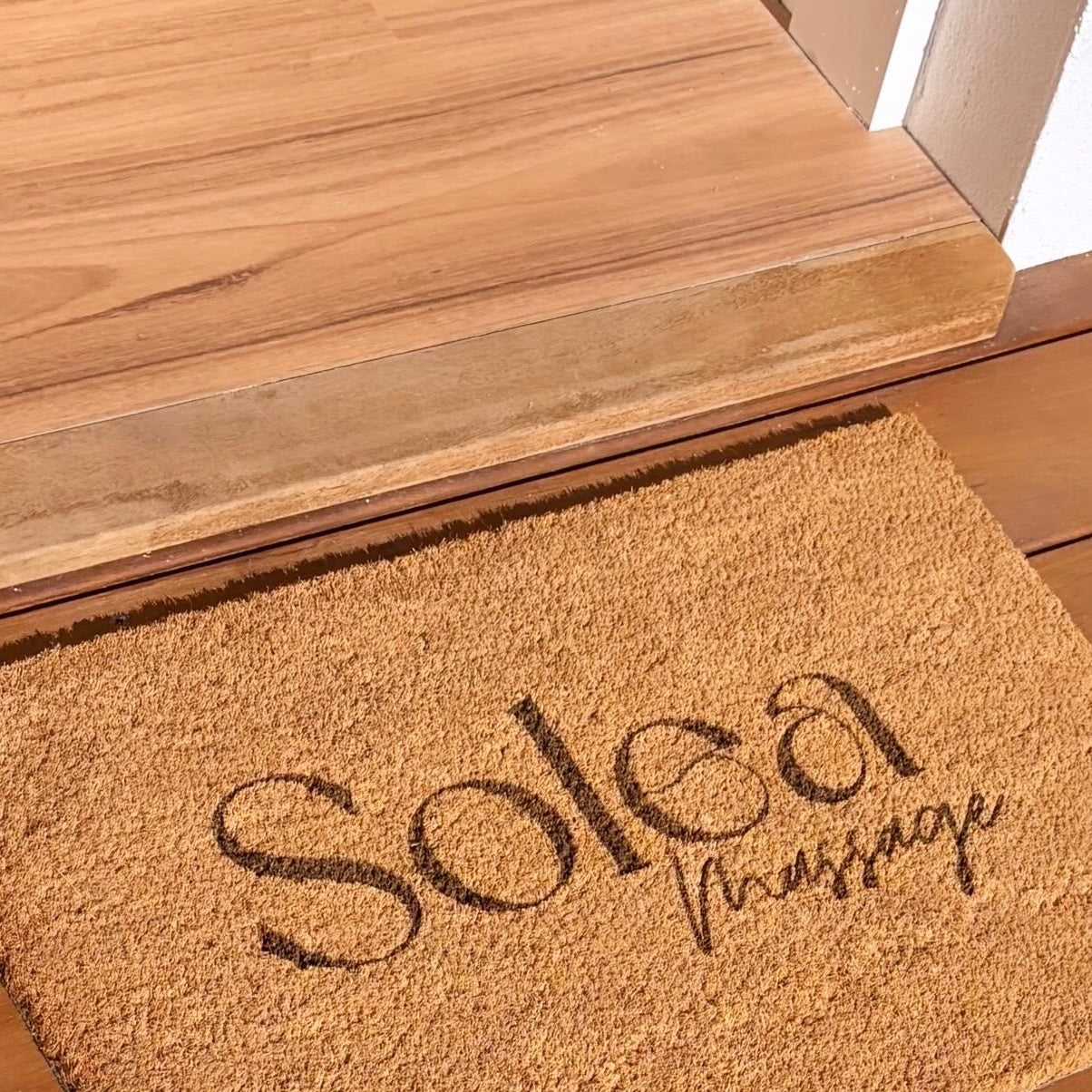 Personalised engraved coir doormat with custom business logo, custom welcome mat for shop entrances, salons, cafés, offices, retail stores and commercial entryways.