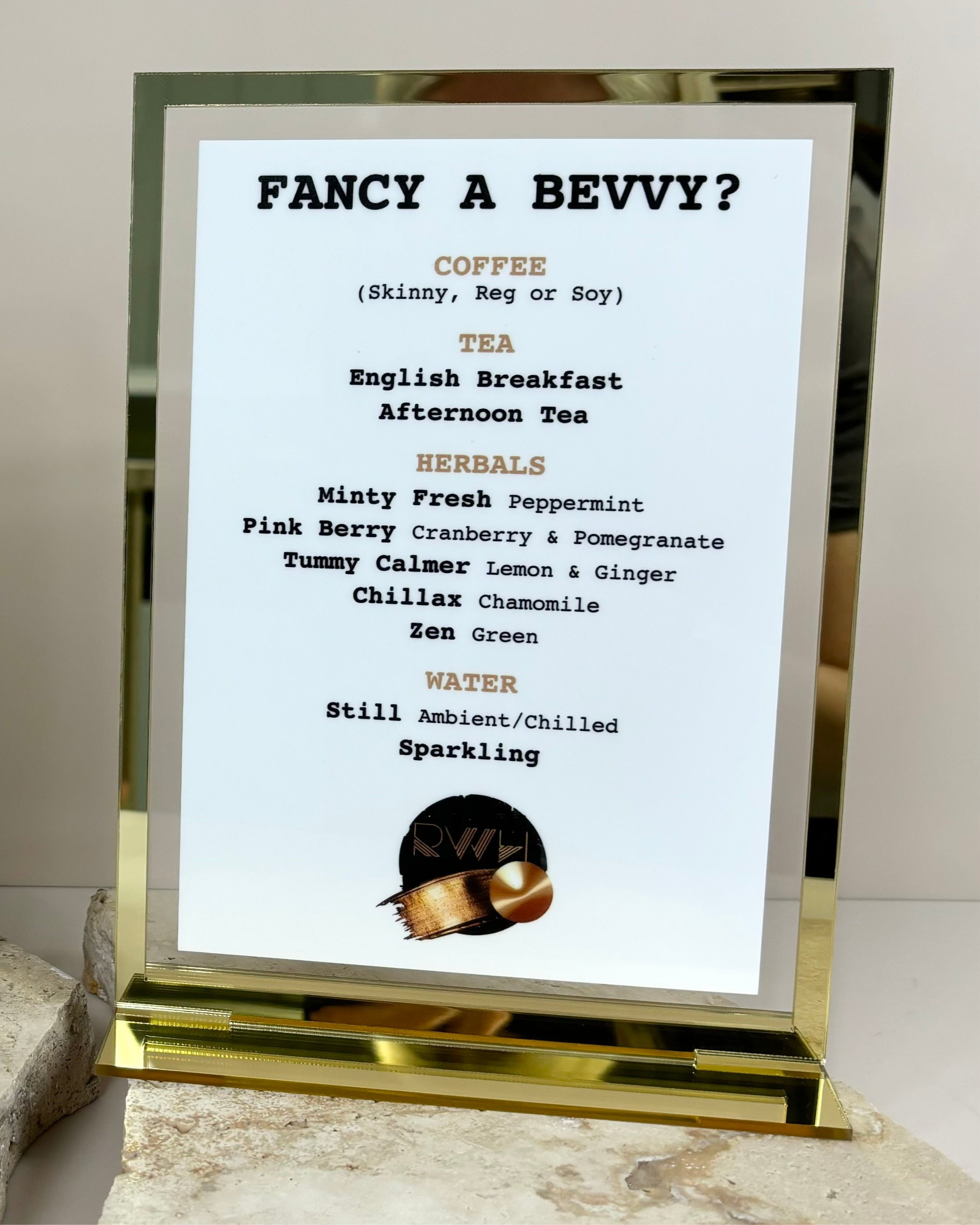 Clear bar menu display with custom cocktail list and bold heading