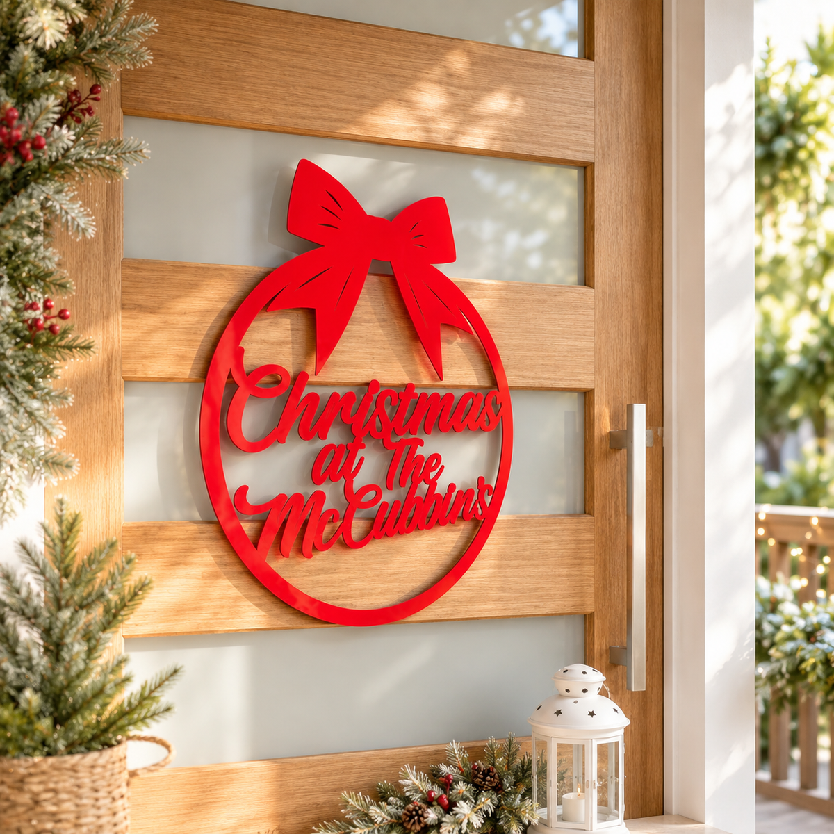 Red personalised Christmas front door sign with bow, custom family name and festive Christmas wreath design on a modern wooden door.