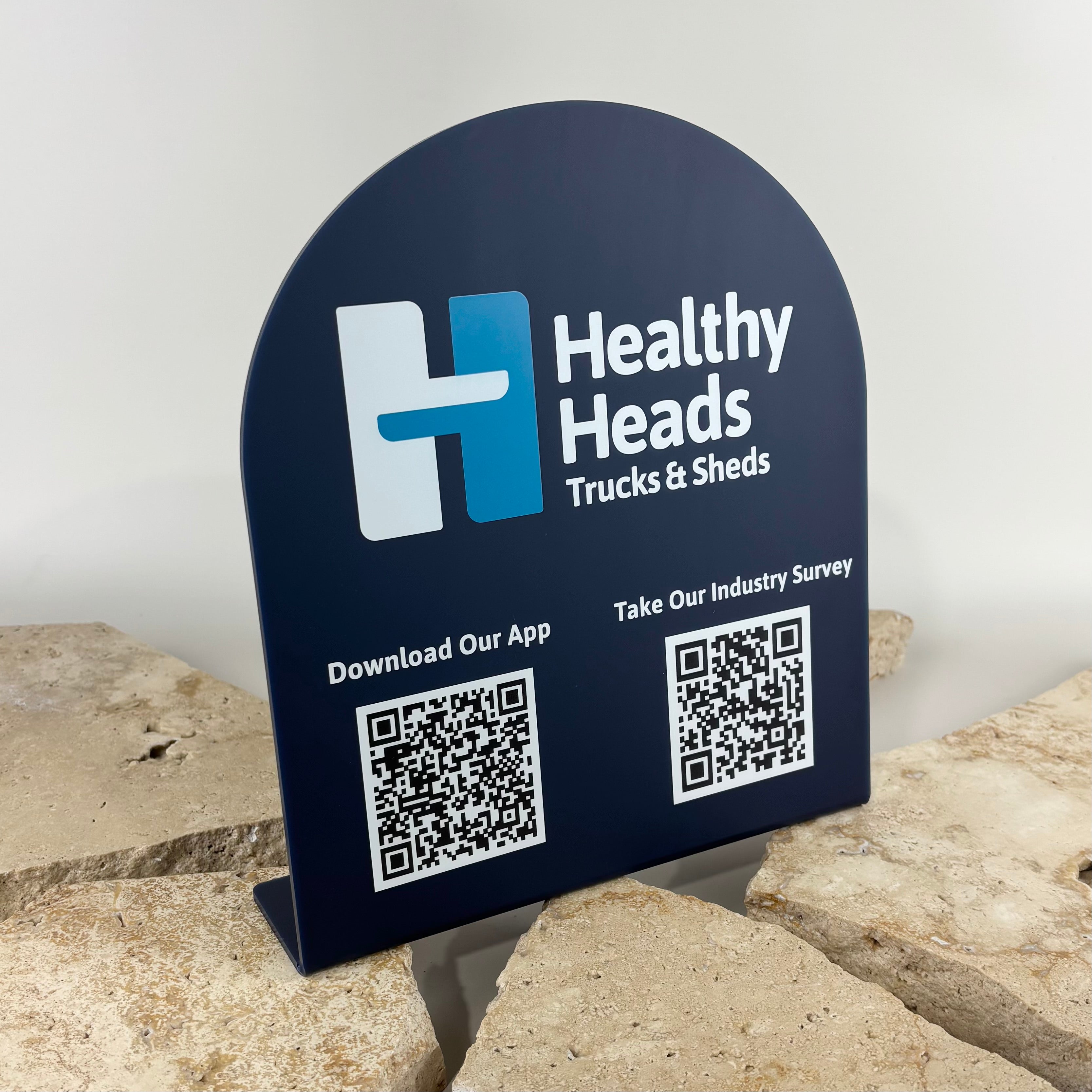 Custom QR code display stand for businesses, trade industries and customer engagement campaigns. UV printed acrylic countertop sign featuring multiple QR codes for app downloads, surveys, websites and marketing promotions, designed to increase customer interaction and lead generation