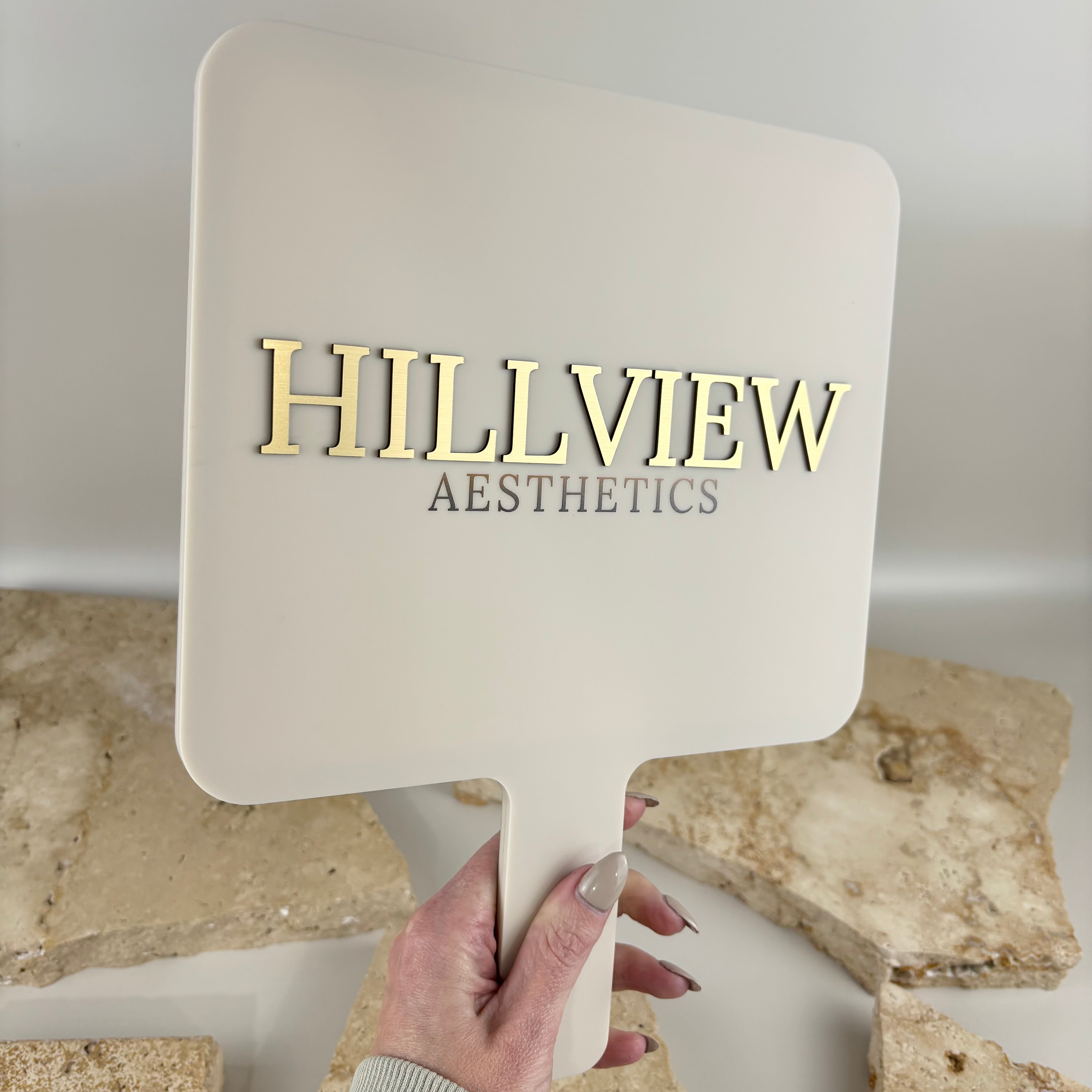 Personalised handheld business mirror with custom 3D acrylic logo, ideal for hair salons, beauty salons, makeup artists, lash and brow studios.