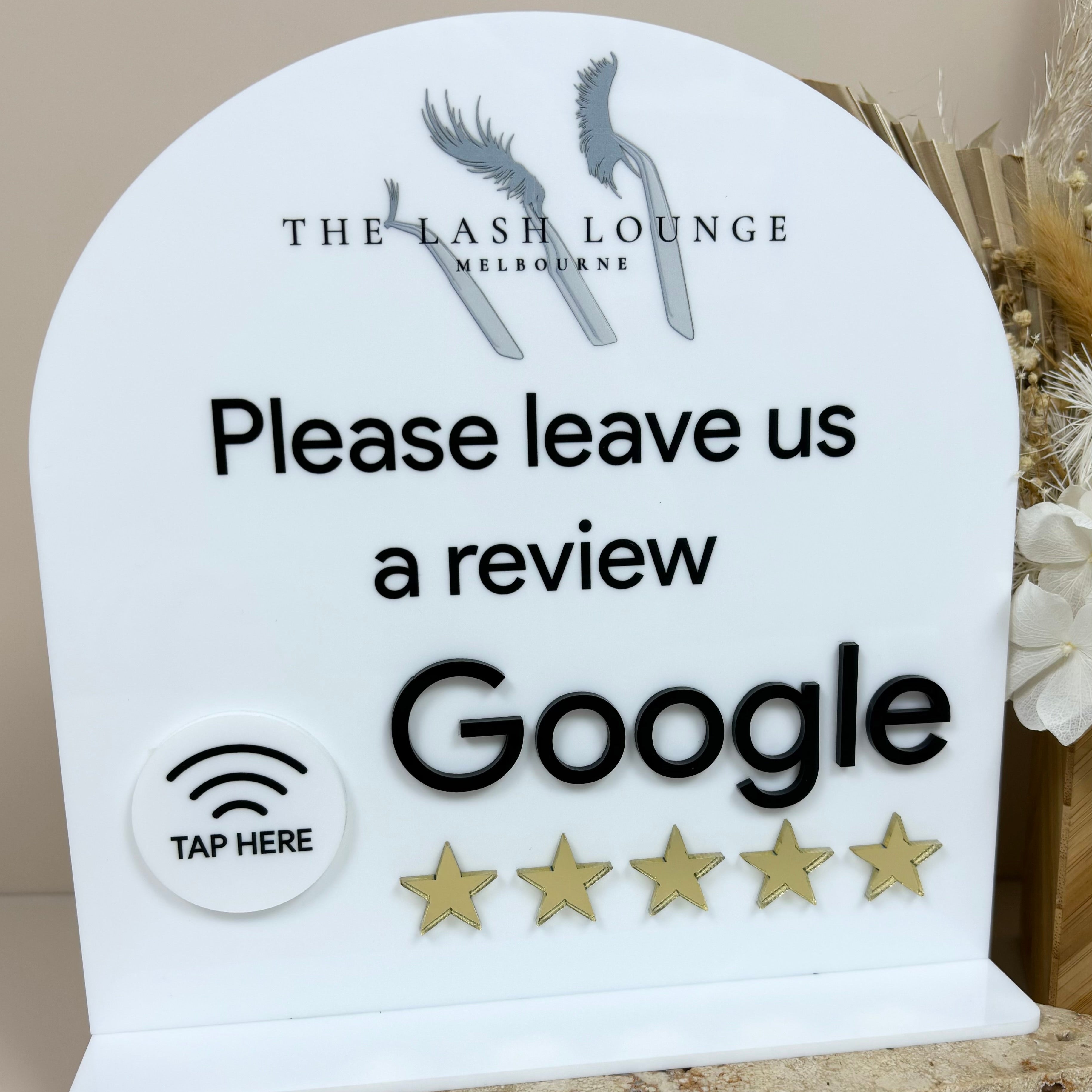 Custom NFC Google review sign for lash lounge – white business display for reception counters
