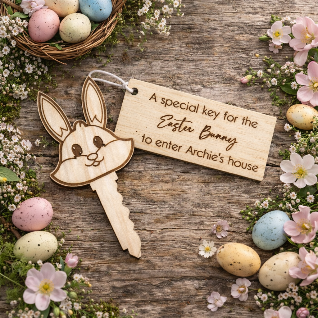 Wooden Easter Bunny key personalised with child’s name, Easter tradition prop for children, laser engraved wooden keepsake