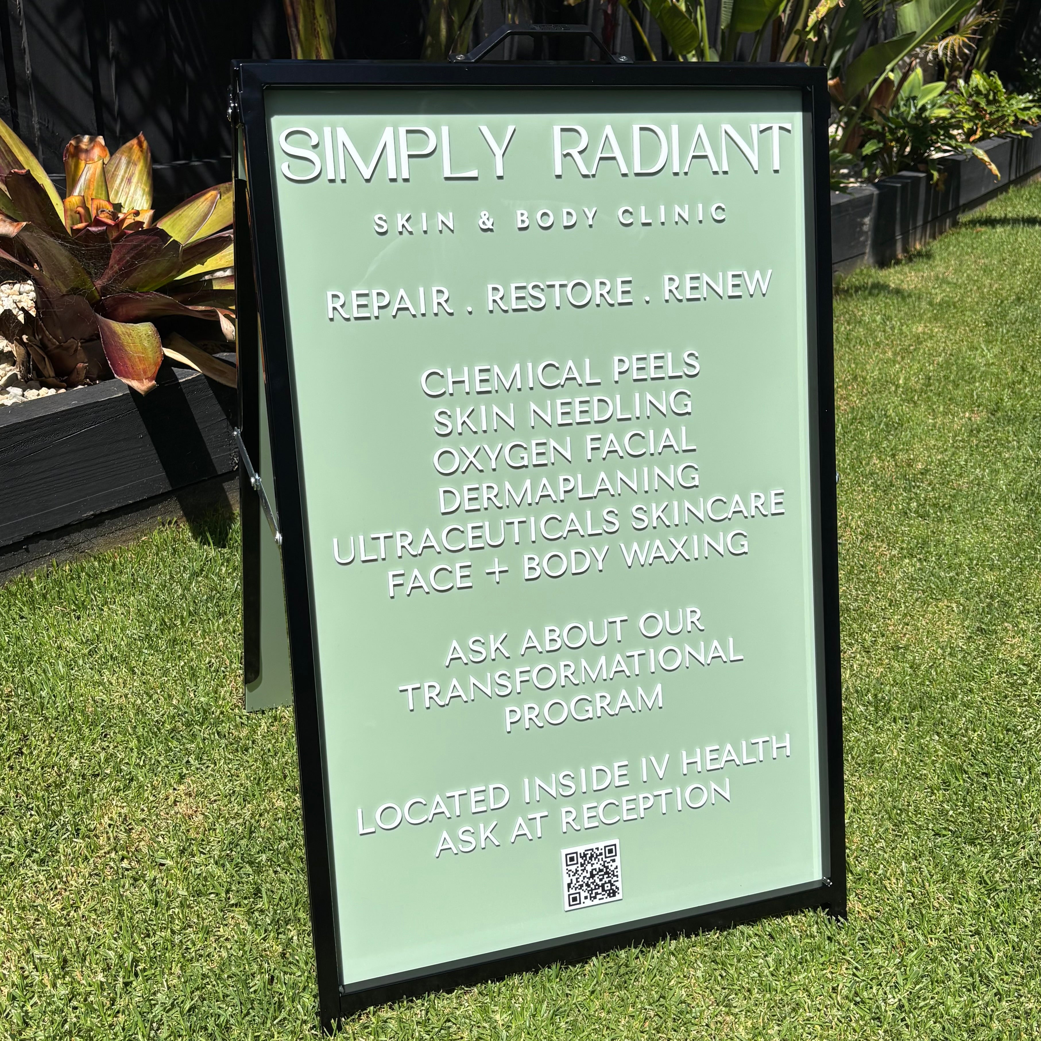 Double-sided A-frame business sign for skin and beauty clinic featuring UV printed sage green acrylic and 3D lettering, salon signage Australia