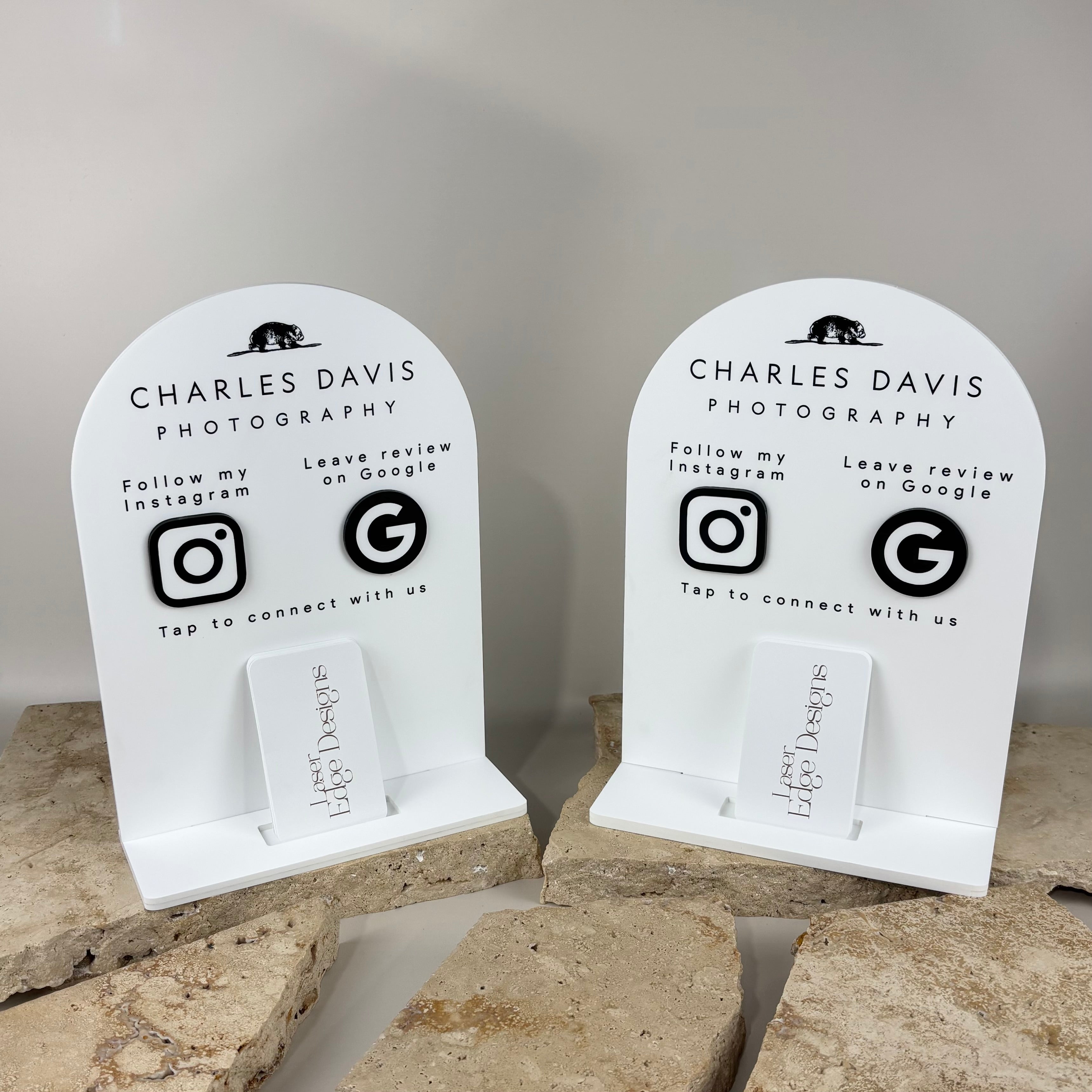Custom NFC business stand with Instagram follow and Google review icons, tap-to-connect card display for businesses to collect reviews and social media followers.