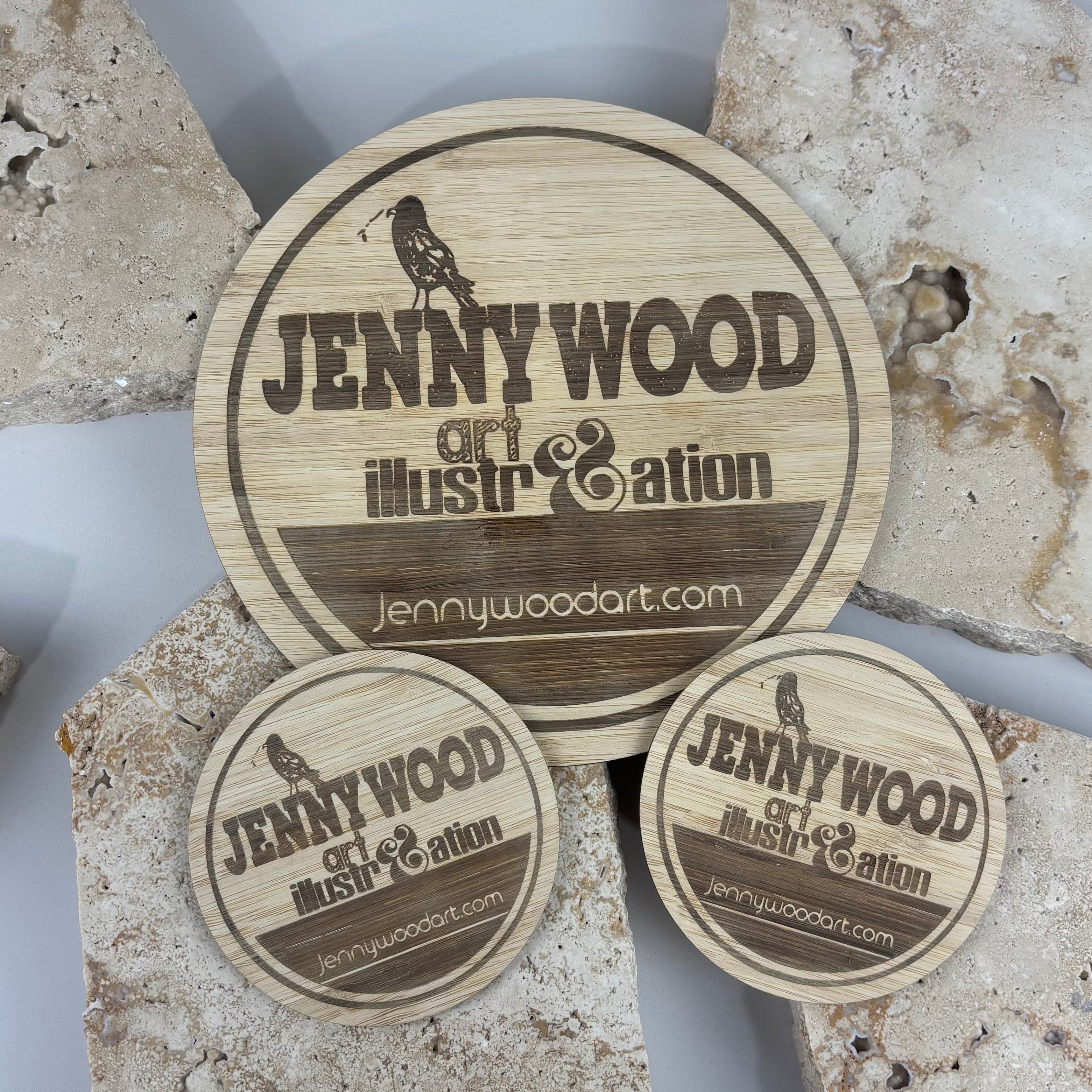 Custom engraved timber branding discs for small business packaging, personalised wooden logo discs, round branded business tags for product packaging, market stall branding and handmade business accessories