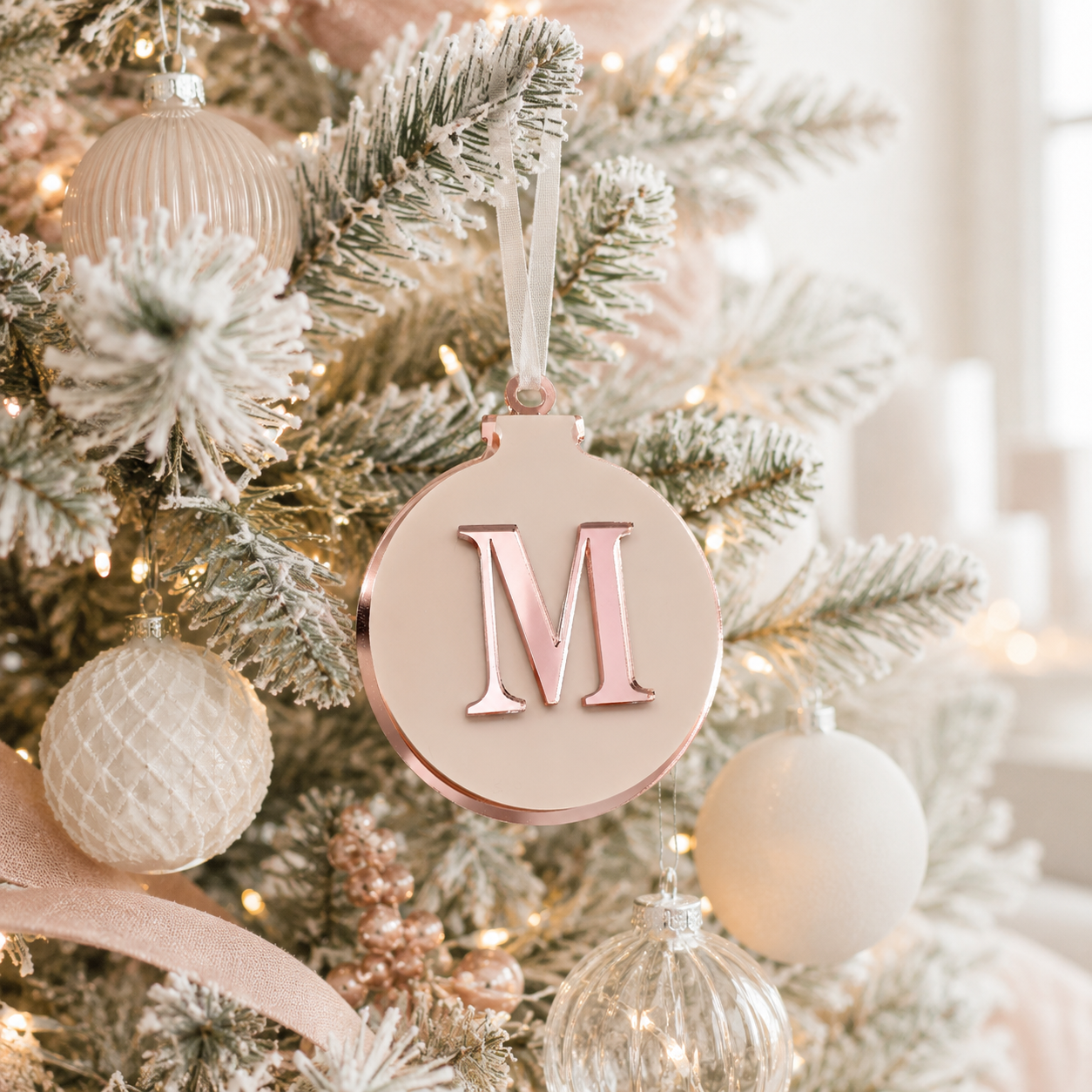 Personalised initial Christmas bauble with rose gold mirror acrylic letter, hanging on a modern Christmas tree with neutral decorations and festive lights.