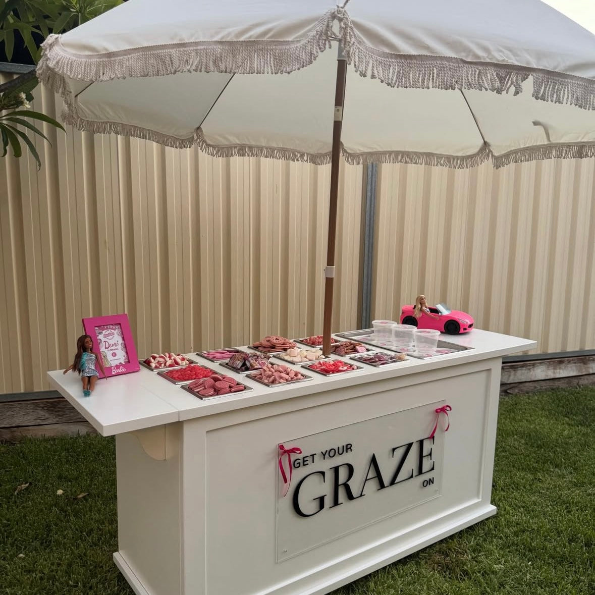 Custom acrylic business sign on grazing cart display, 3D acrylic signage for events and pop up business Australia