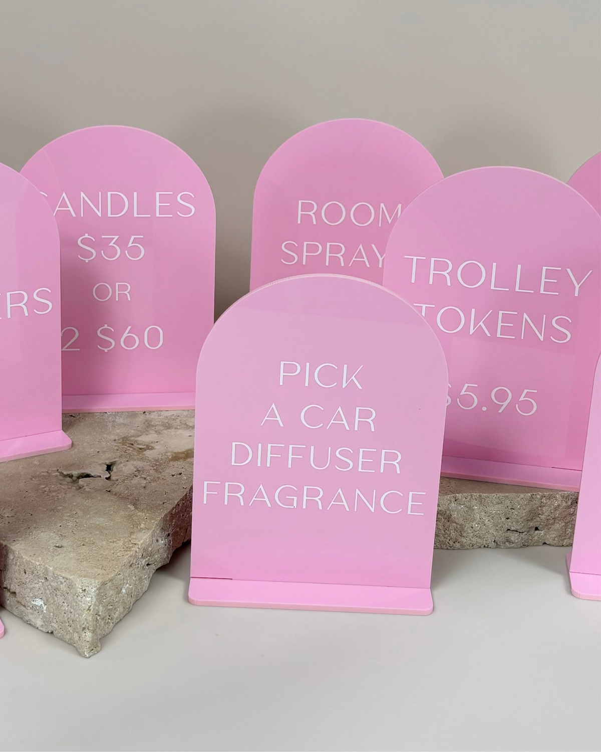 Pink mini signage set with engraved text for beauty salon display