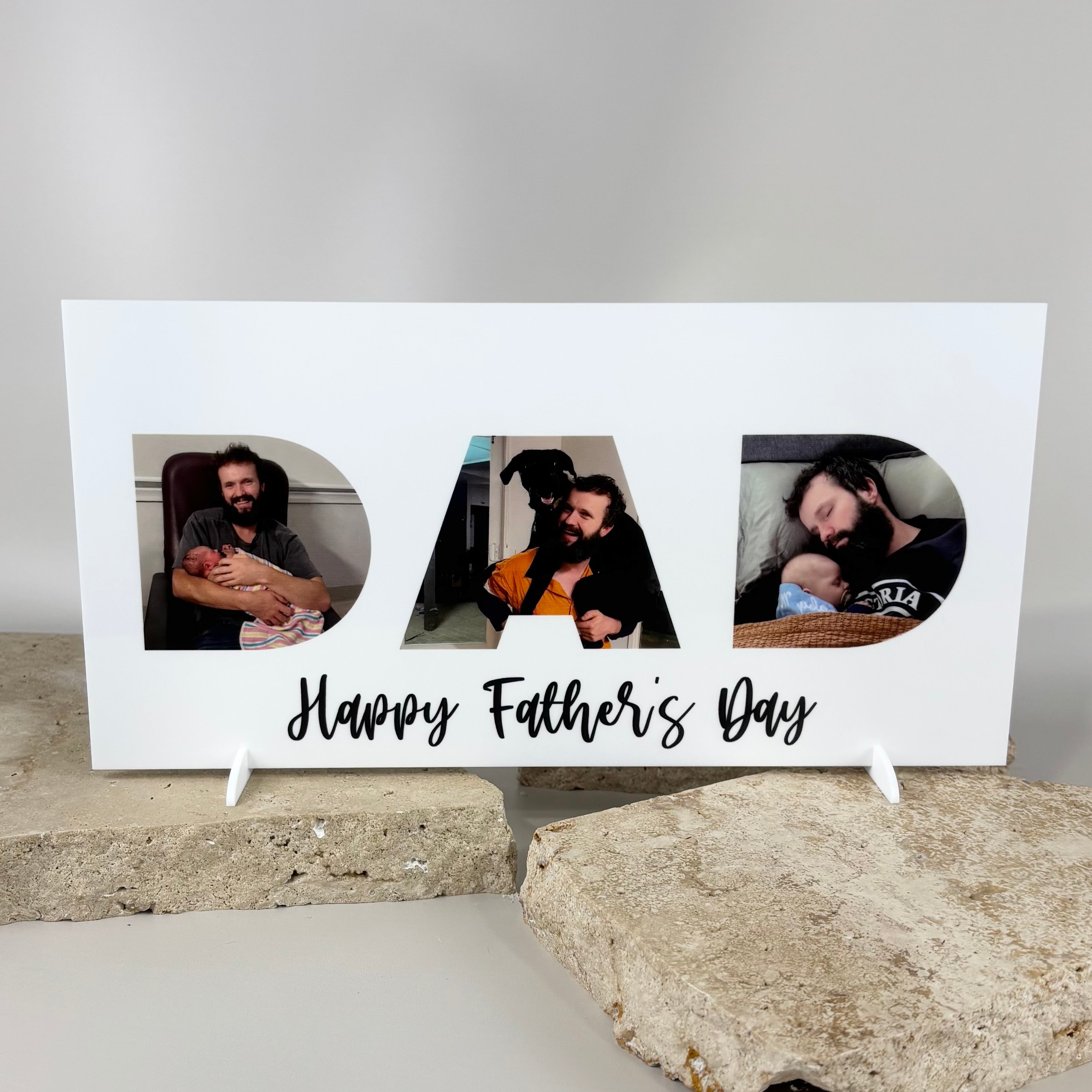 Personalised Father’s Day photo sign with custom images inside DAD cutout, acrylic photo display gift for dads, perfect for Father’s Day celebrations.