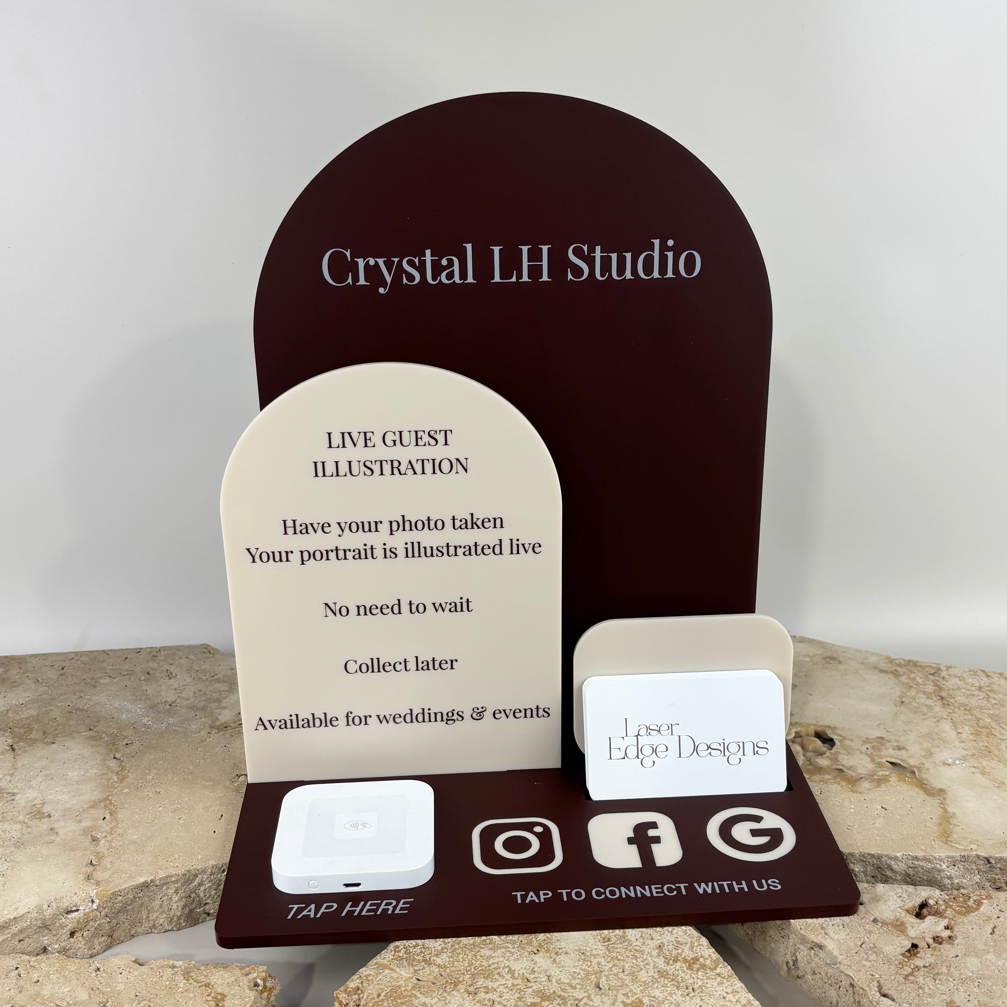 Custom acrylic NFC business station with social media icons, tap to connect display and business card holder, modern event networking sign for weddings, live guest illustration artists, salons and small businesses in Australia