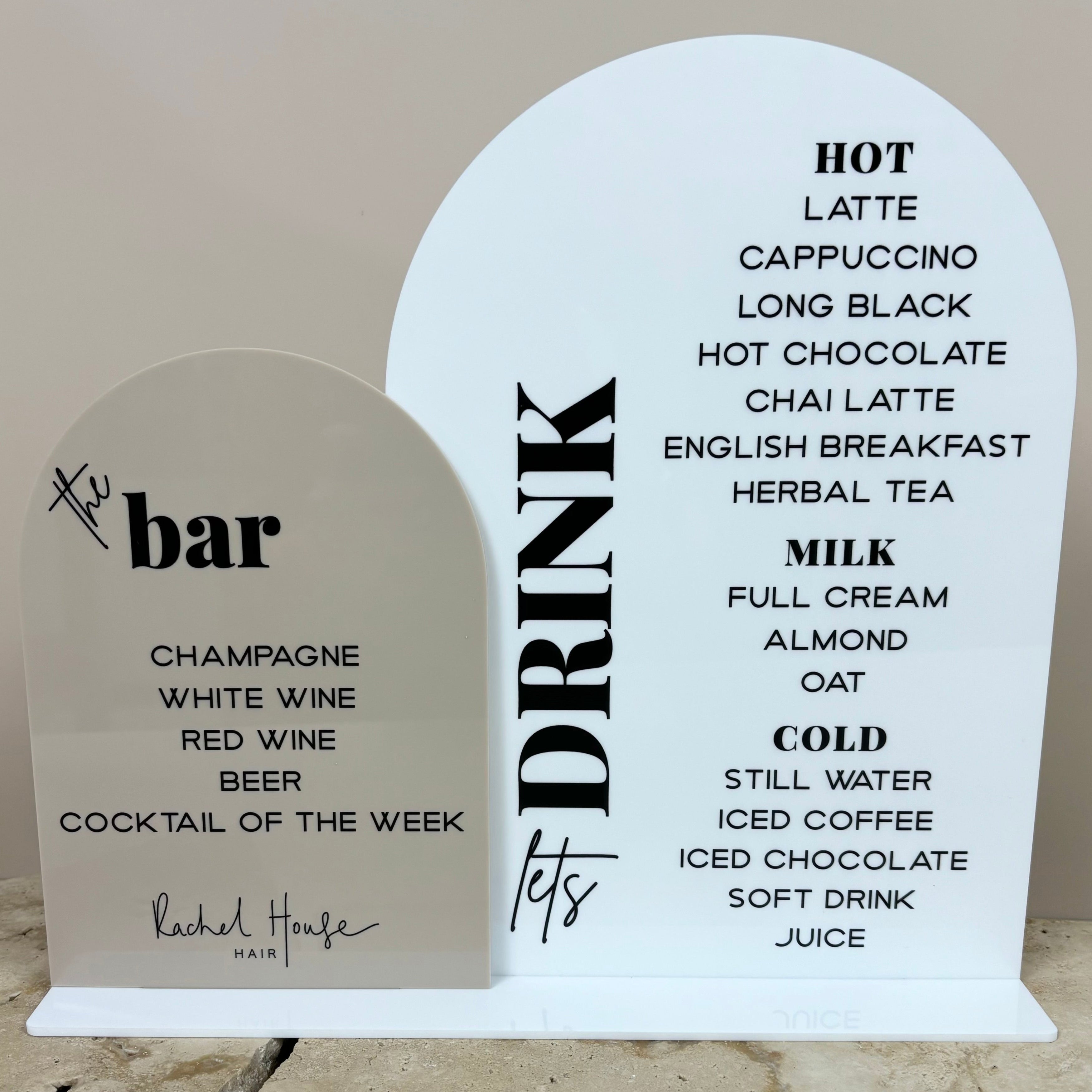 White layered acrylic counter sign with drink and bar details
