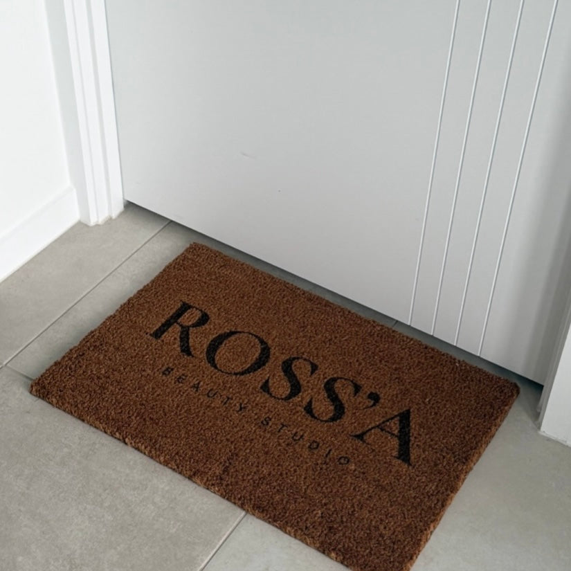 Custom branded door mat with business logo, personalised coir entrance mat for salon or small business, custom welcome mat for storefront branding, Rossa Beauty Studio logo doormat, professional entry mat for customer first impressions