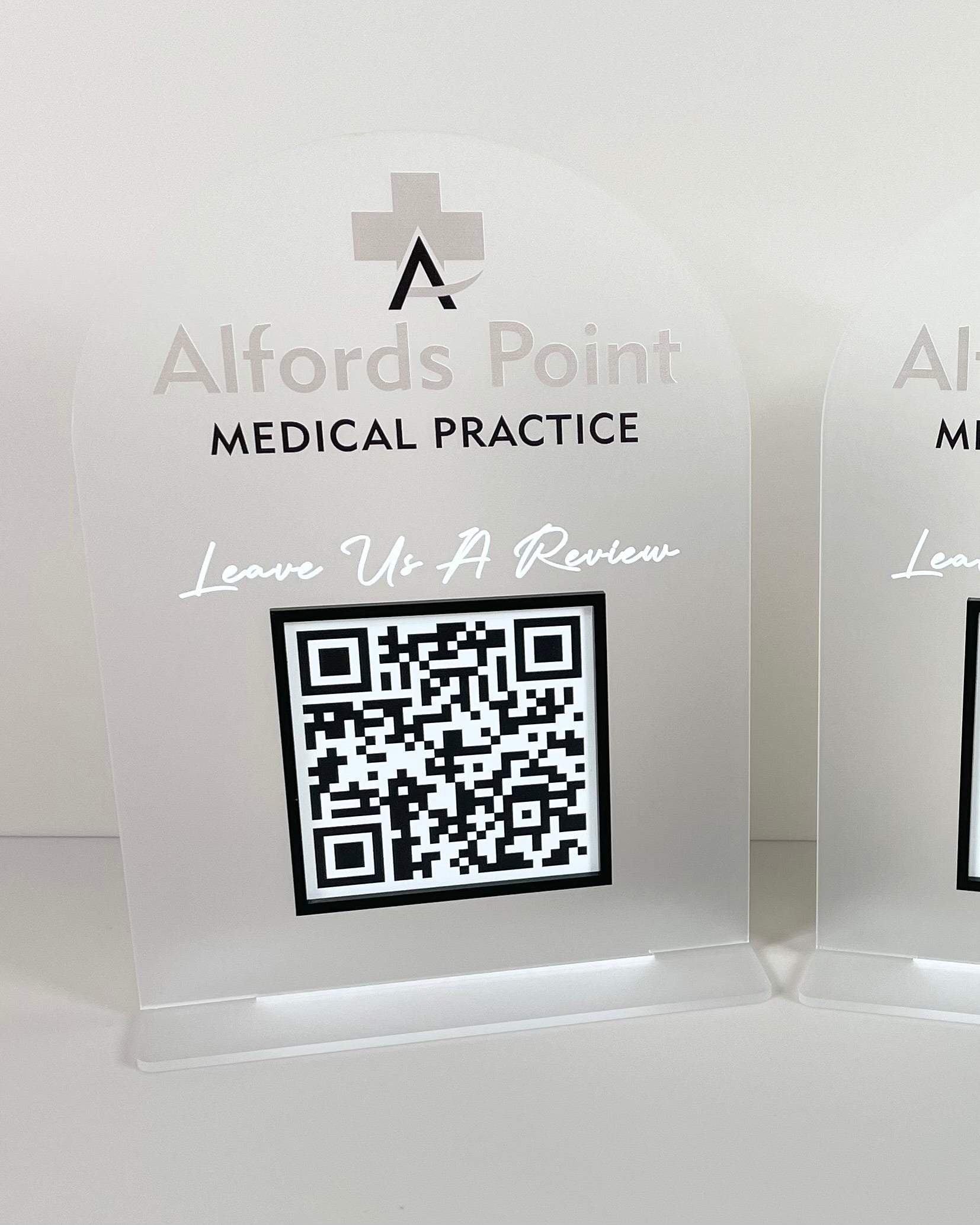Frosted acrylic QR sign for medical practice appointment check-in