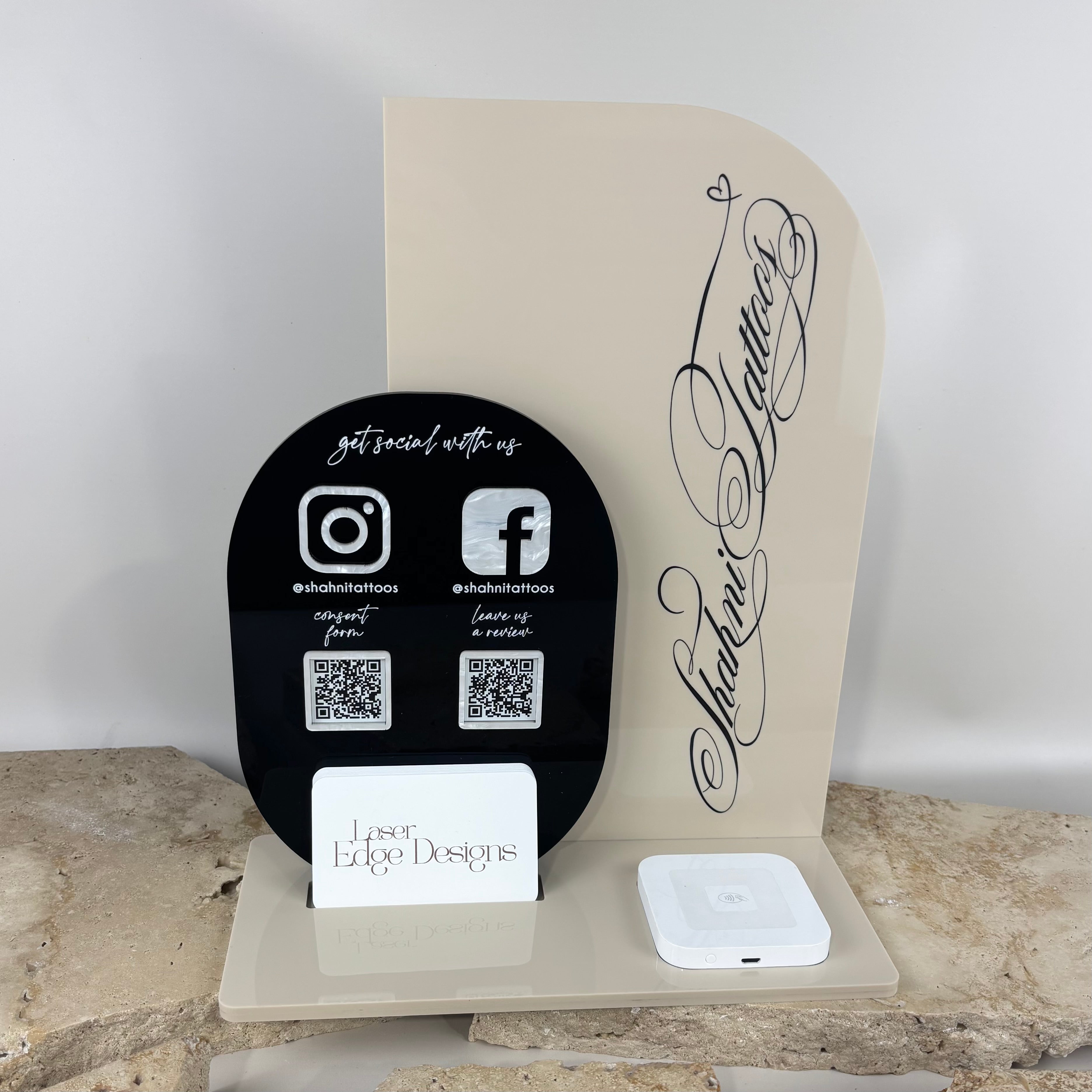 Custom NFC business station with curved acrylic sign, featuring QR codes for Instagram, Facebook, consent forms, and reviews, designed for tattoo studios, salons, and small businesses.