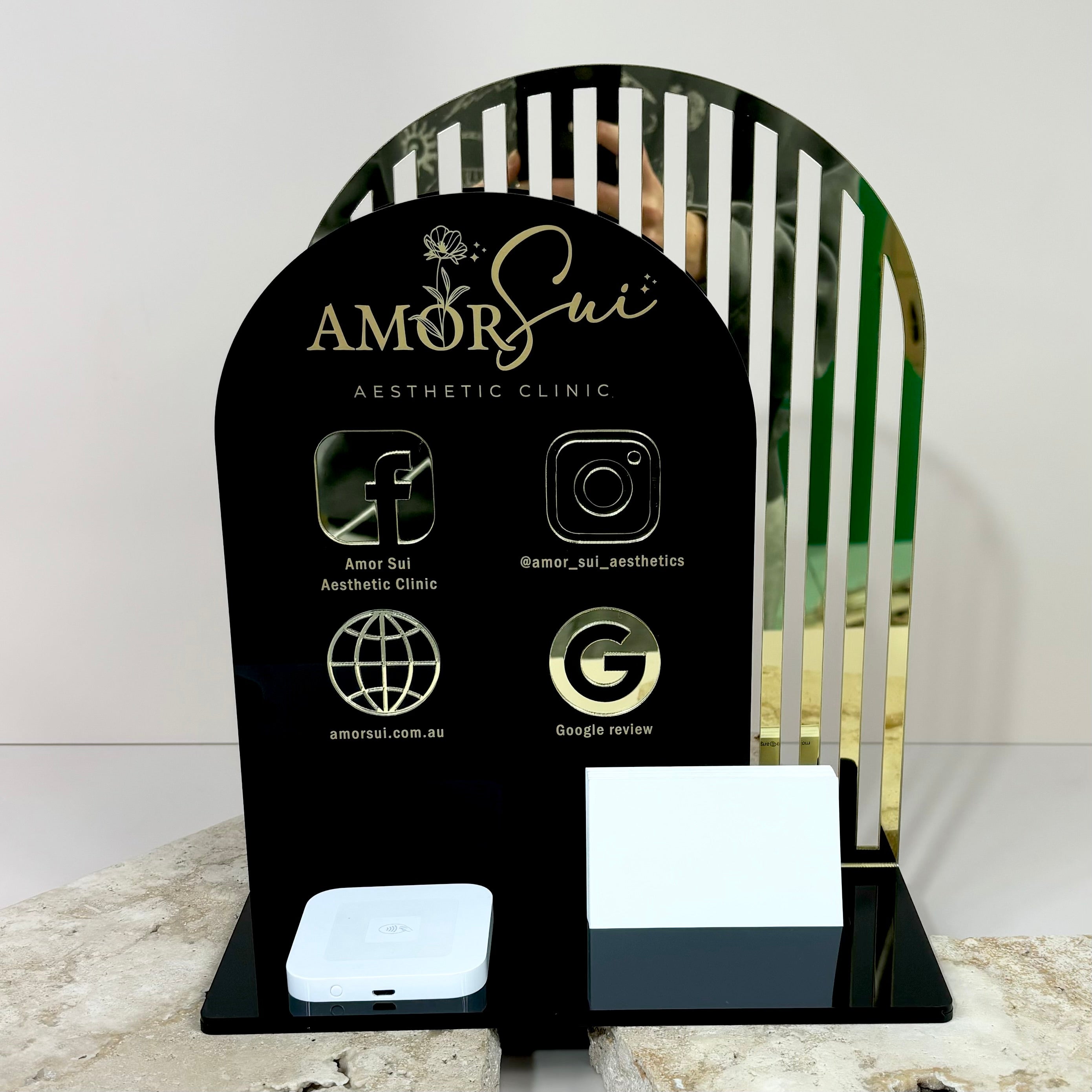 NFC luxe business signs with tap to connect icons – custom countertop social displays for salons, clinics, and small businesses in Australia
