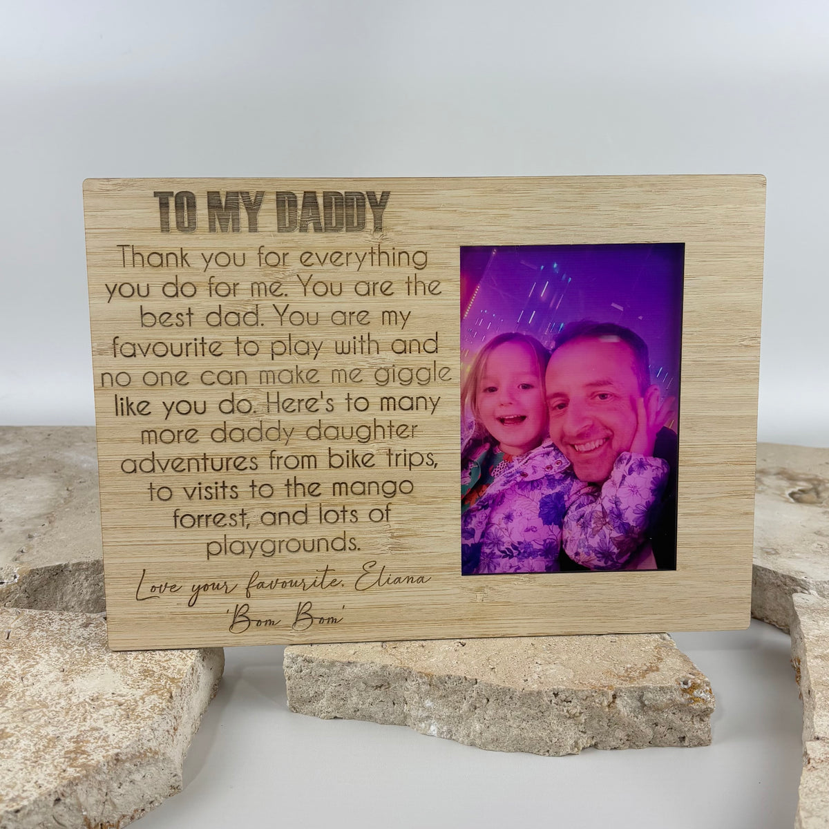 Personalised engraved bamboo photo frame with custom message and family photo, a thoughtful keepsake gift for Dad or Father’s Day.