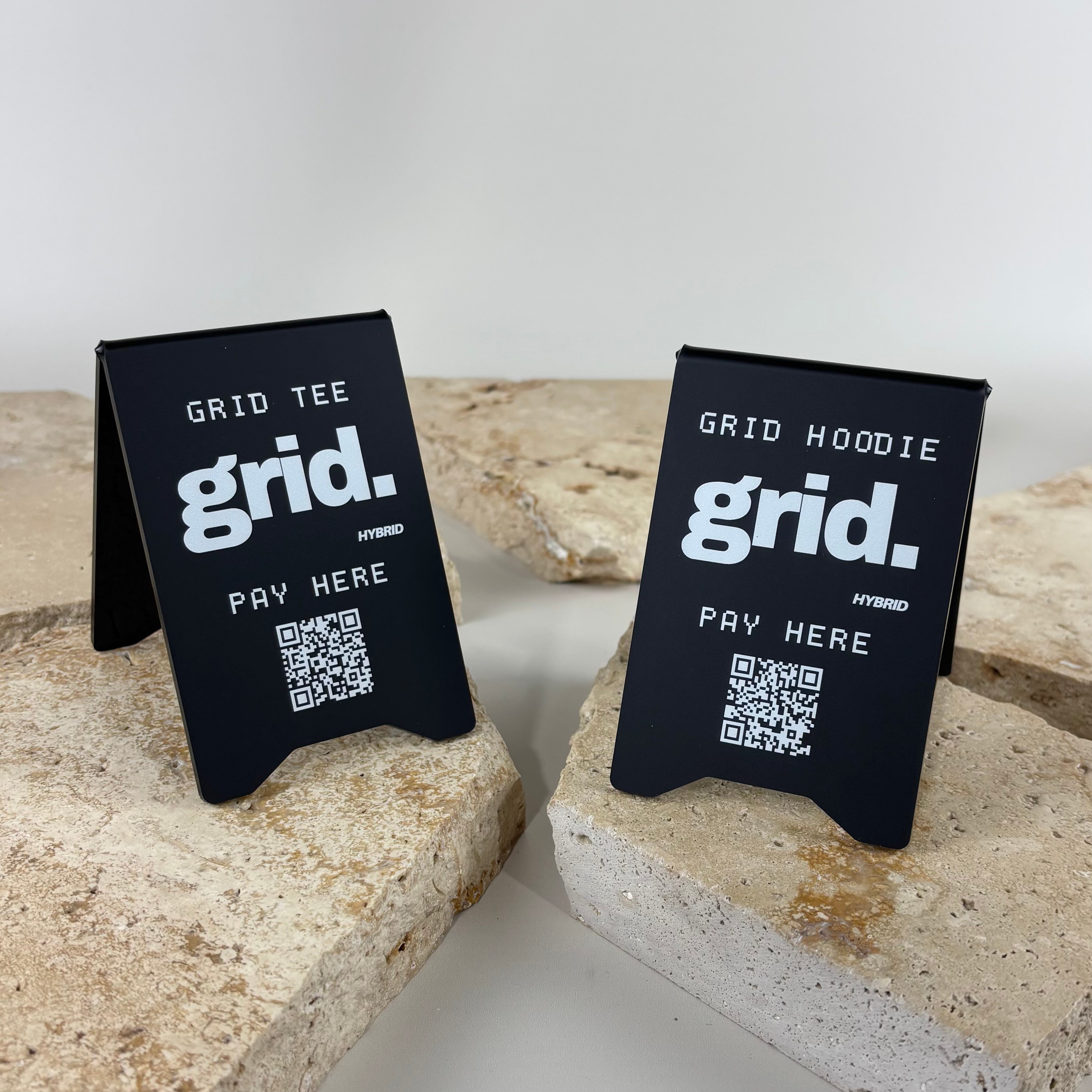 Custom acrylic countertop QR code payment signs with UV printed logo, personalised scan to pay display stands for retail stores, cafés, markets, pop up shops, salons and small businesses.