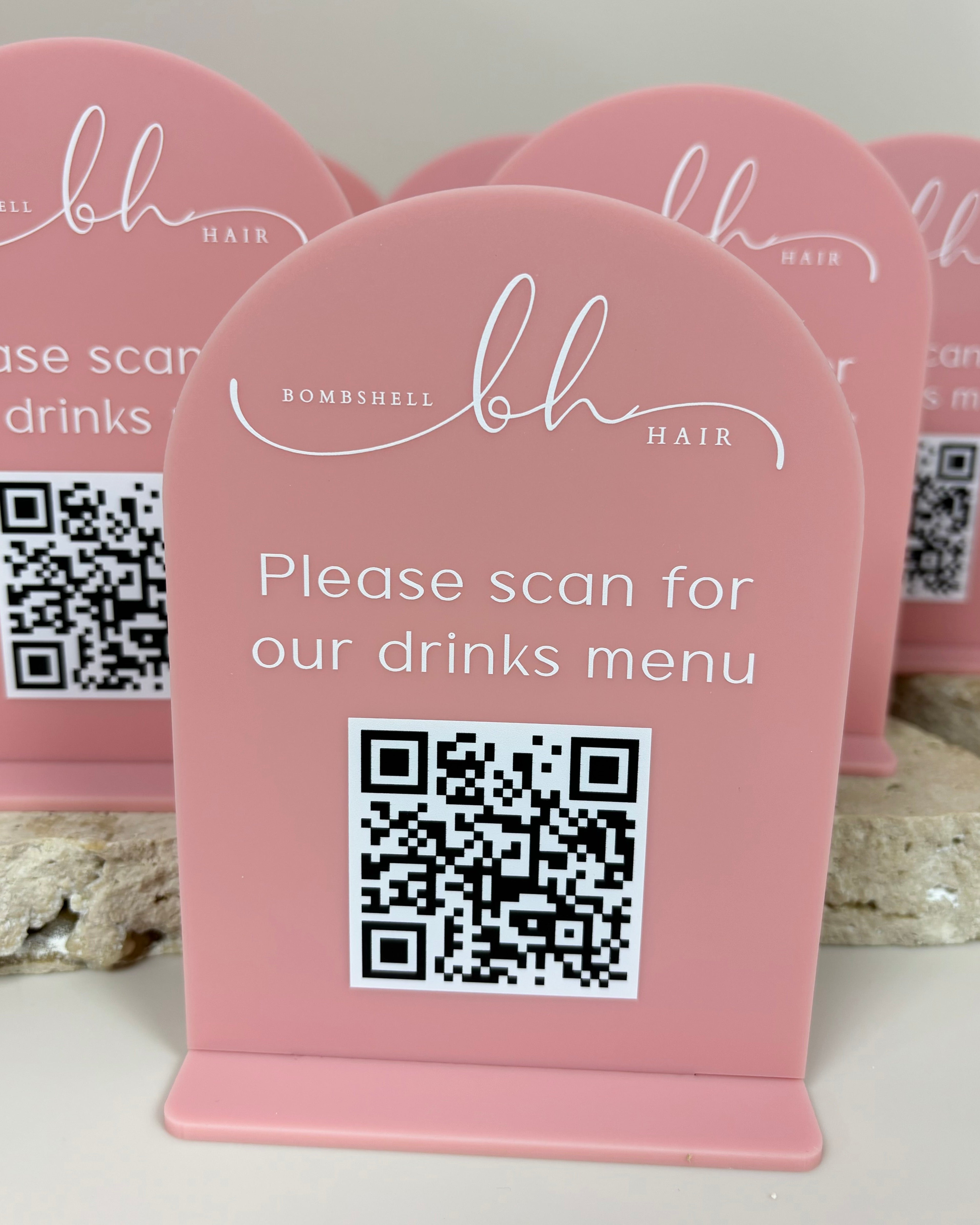 Pink QR code acrylic mini sign for drinks menu display