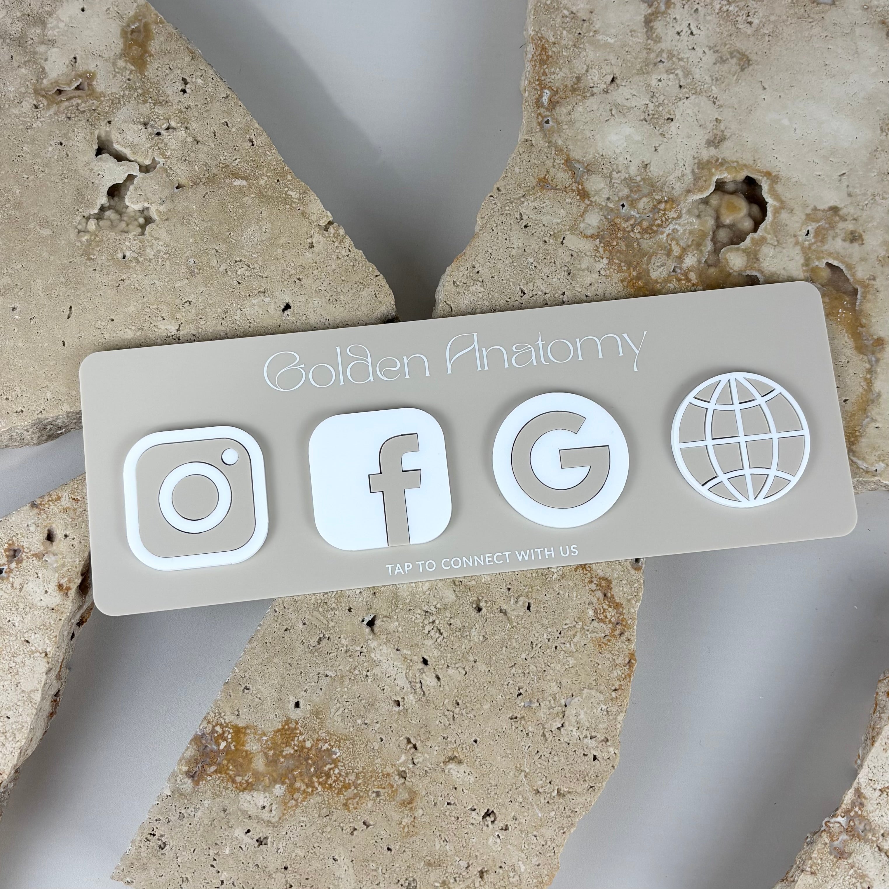 Custom NFC social media plaque for businesses with Instagram, Facebook, Google and website tap to connect icons